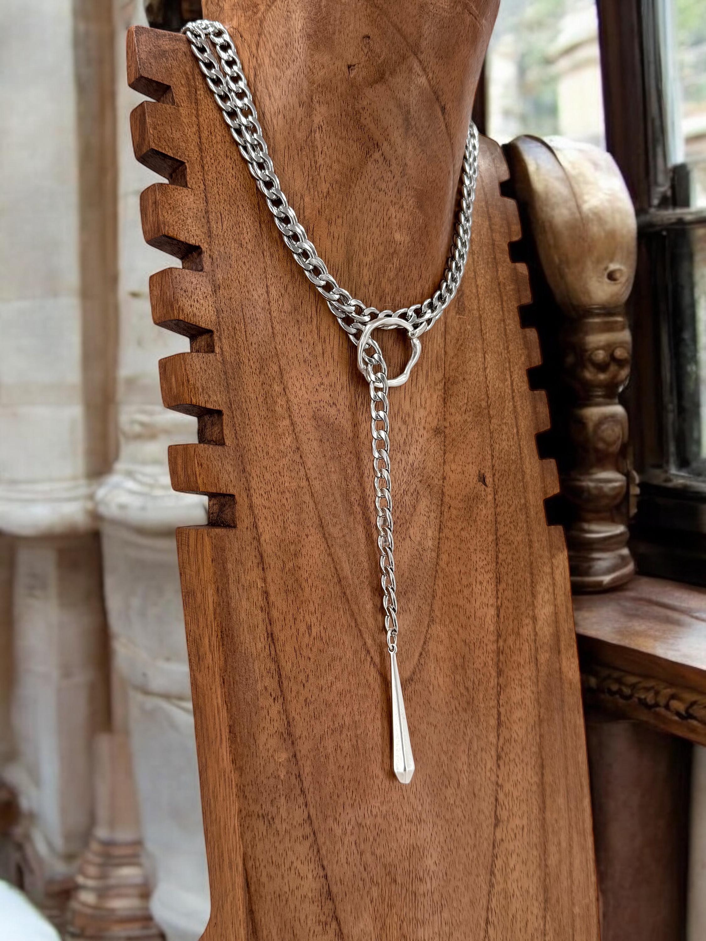 Silver antique adjustable chain wrap Y necklace,  chunky chain silver lariat necklace, teardrop pendant layering necklace, uno de 50 style