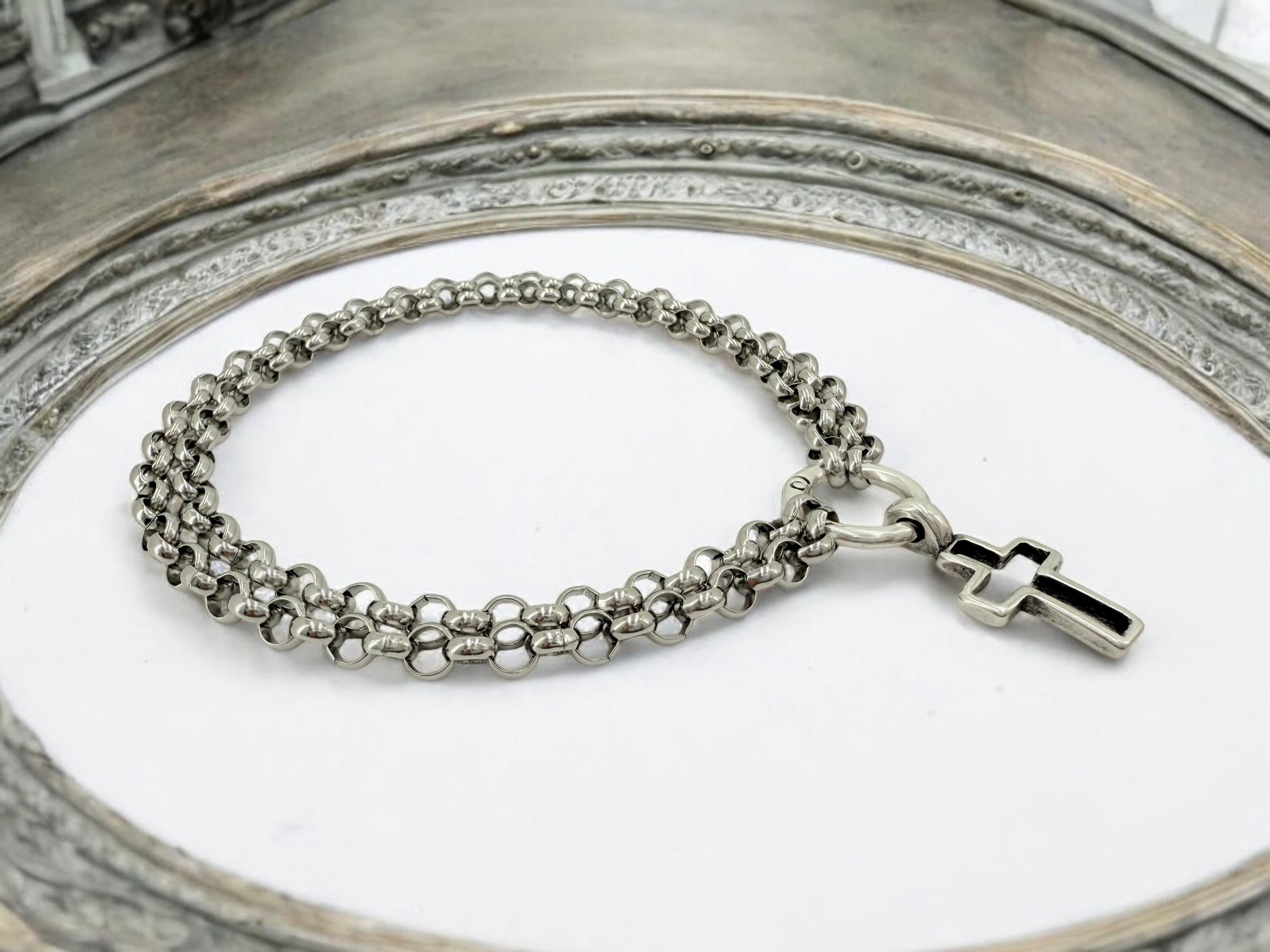 Black silver doble strand chain choker, rock style choker, cross pendant silver men choker, antique silver stainless steel unisex choker