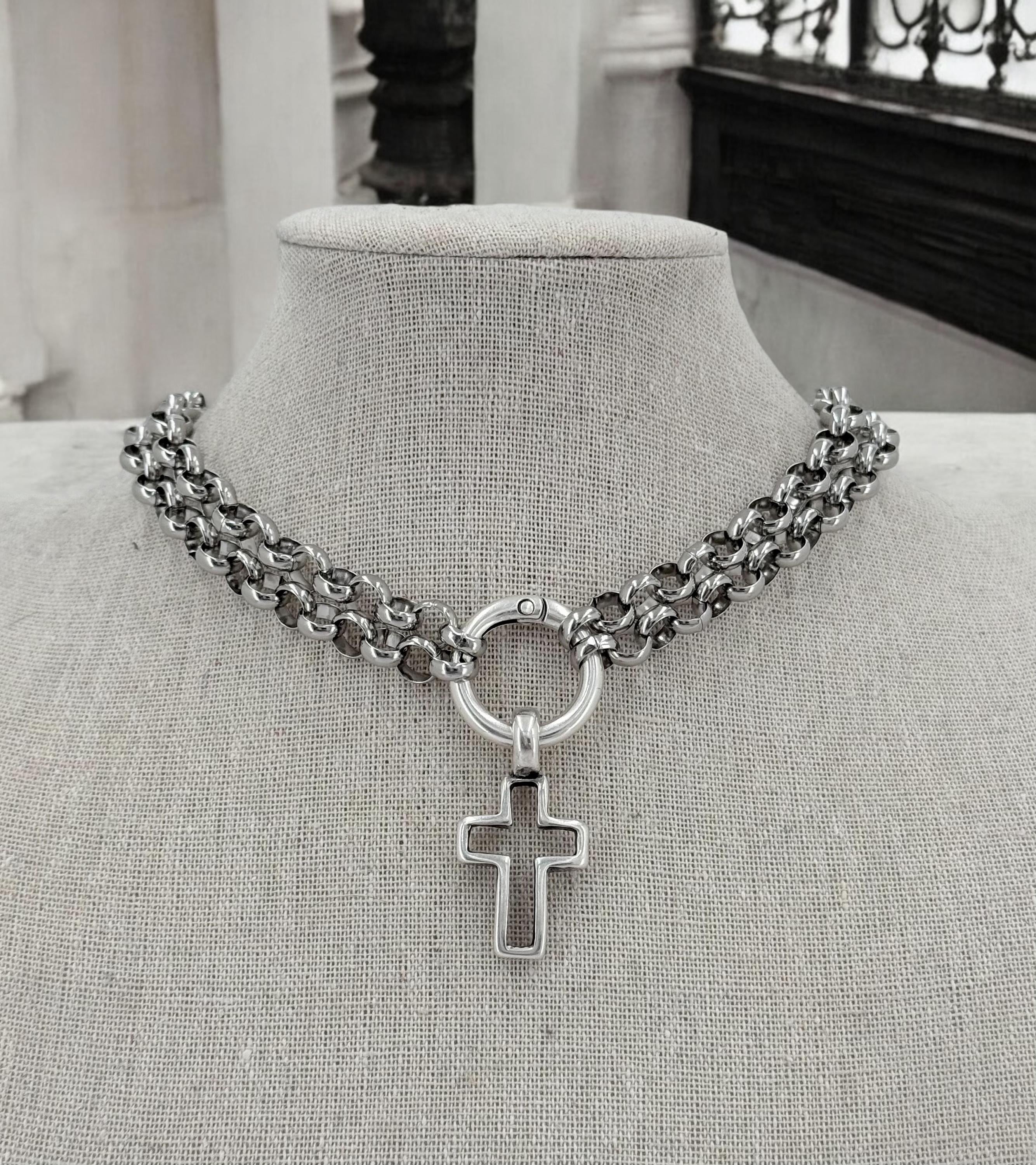 Black silver doble strand chain choker, rock style choker, cross pendant silver men choker, antique silver stainless steel unisex choker