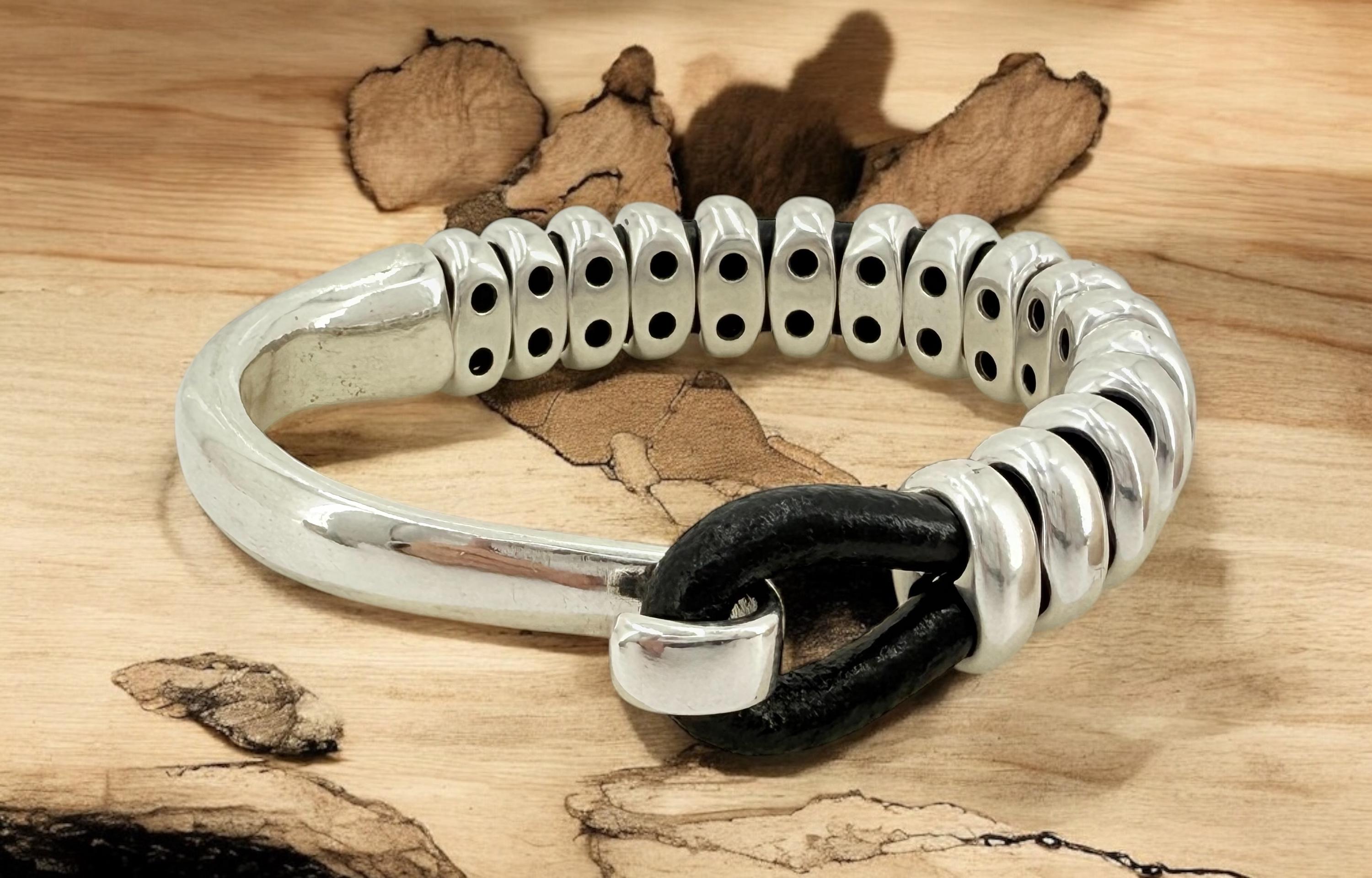 Pulsera de cuero para hombre, pulsera de media caña de plata, pulsera de cuentas de plata, pulsera de surf, pulsera de rock, industrial