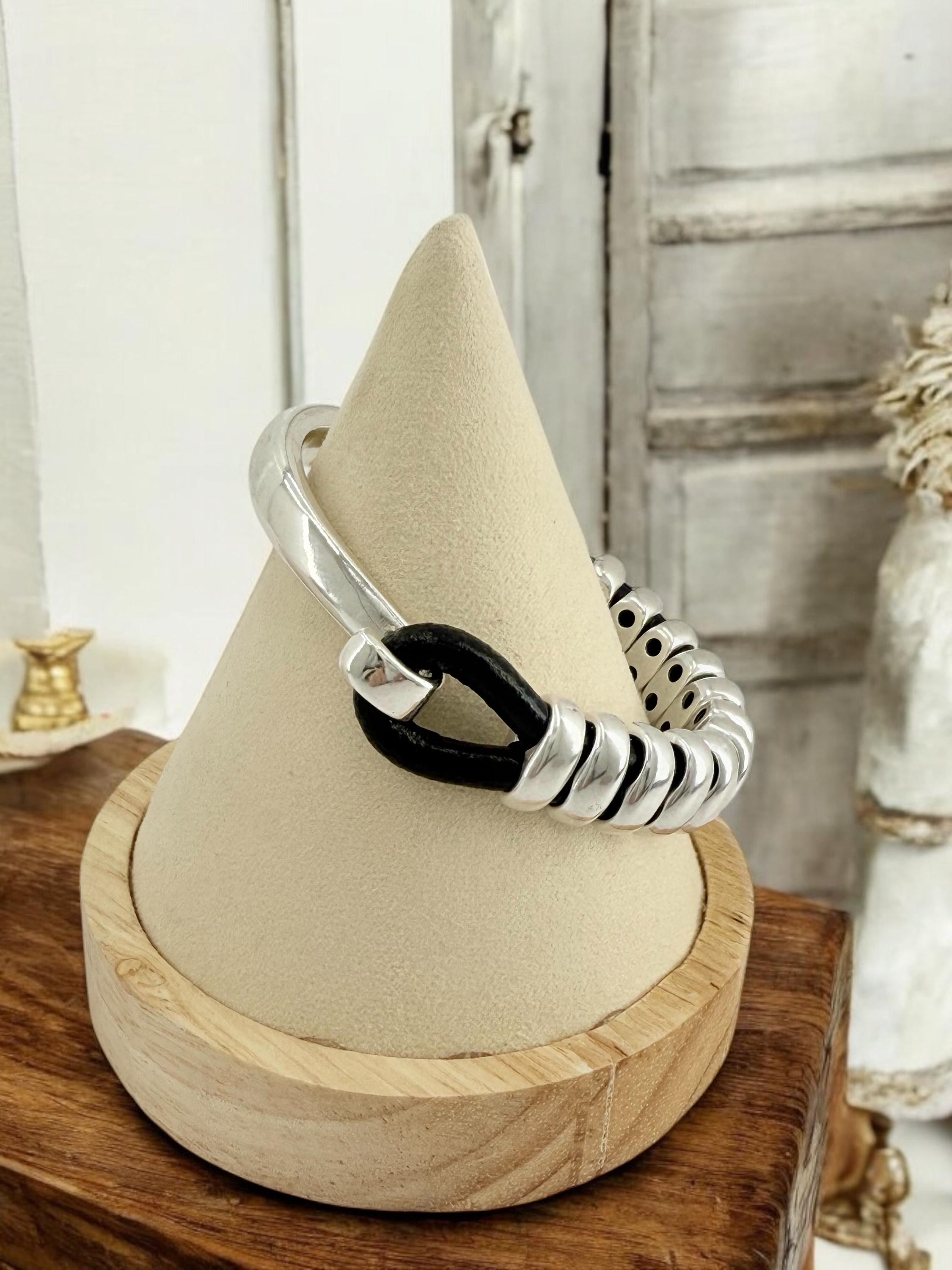 Pulsera de cuero para hombre, pulsera de media caña de plata, pulsera de cuentas de plata, pulsera de surf, pulsera de rock, industrial