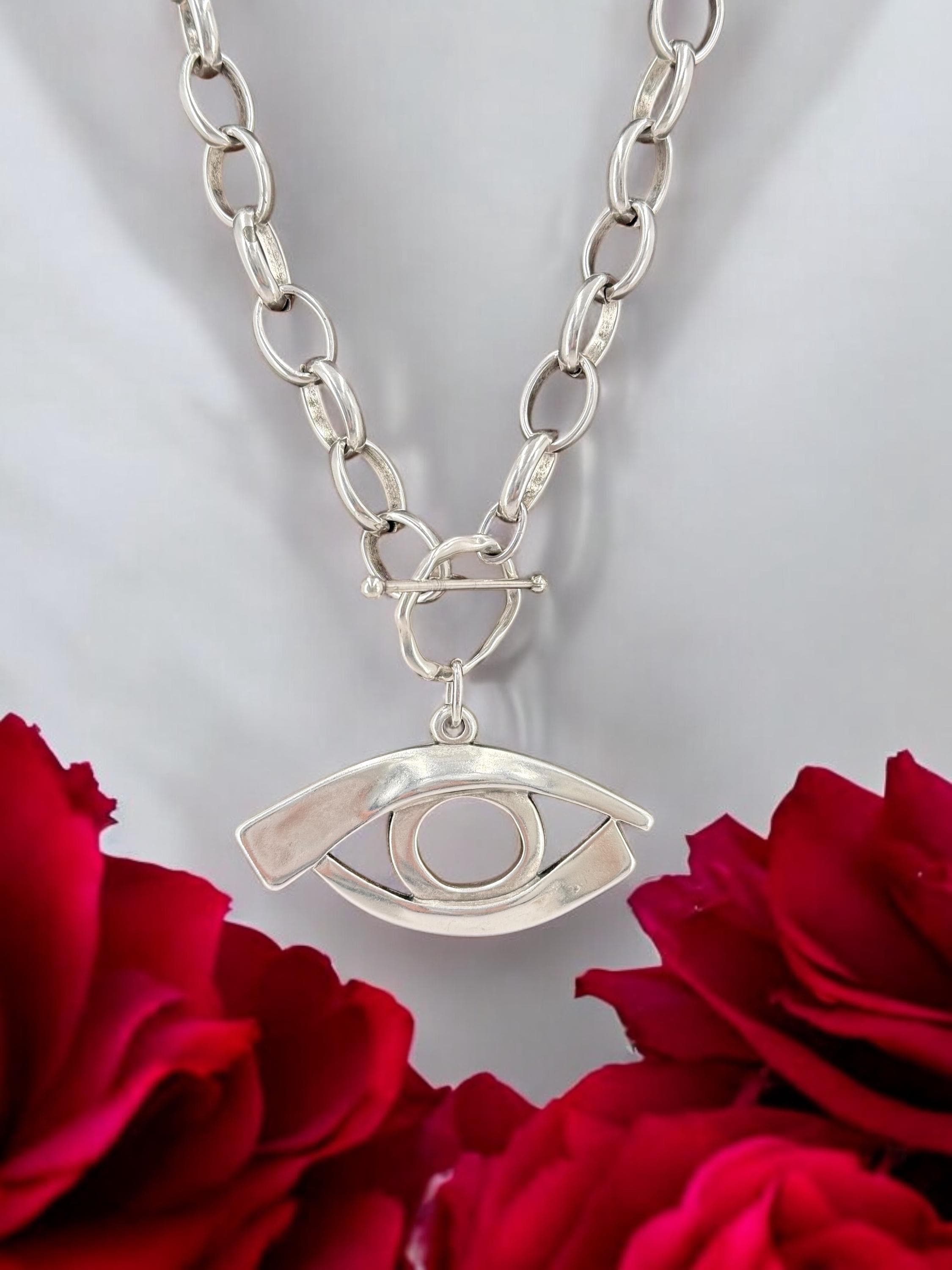 Chunky silver necklace with statement Egyptian eye pendant, bulky chain silver necklace, heavyweight necklace, statement pendant necklace