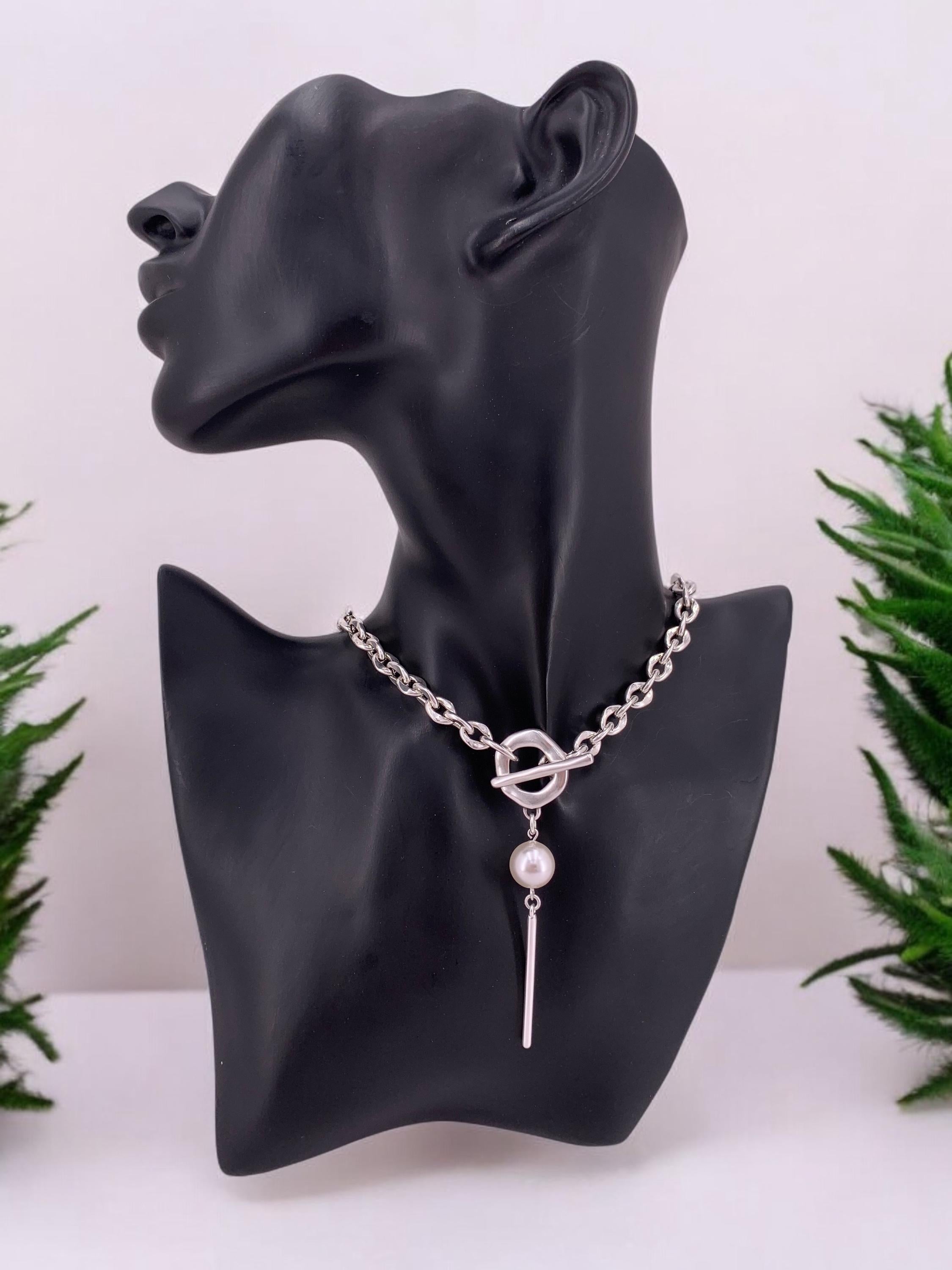 Silver chunky chain toggle lariat pearl pendant necklace, bohemian pearls necklace, bulky chain necklace, uno de 50 style, gift for her,
