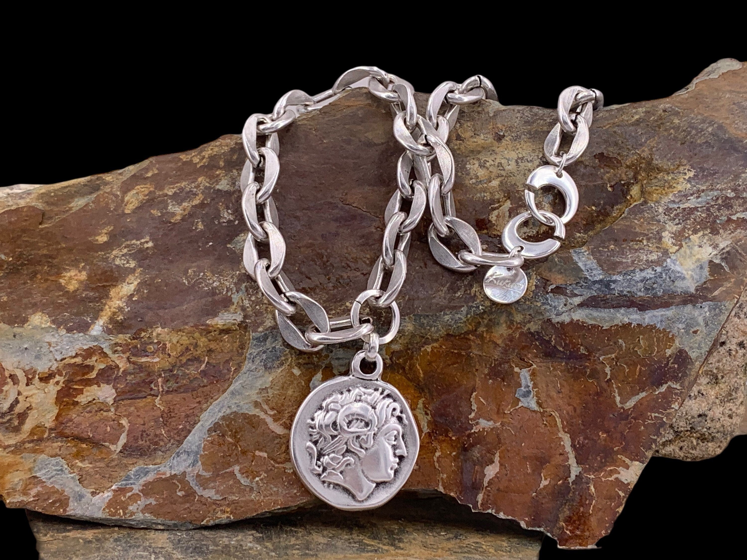 Chunky chain necklace with statement coin pendant, heavyweight silver solid necklace, coin necklace, spectacular necklace for gift,