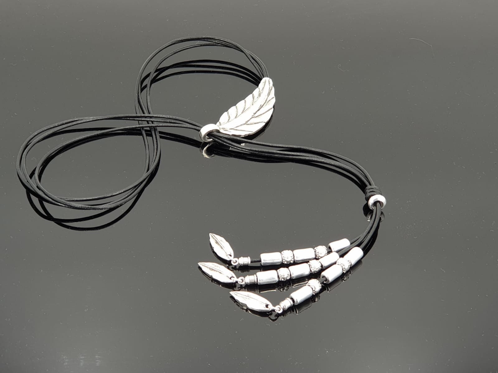 Boho Leather long Y Necklace, Tie Necklace with Silver Feather conector and beads Pendants , Tribal Statement Jewelry.