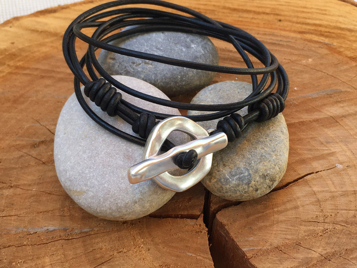 Unisex wrap leather bracelet with silver toggle clasp ideal for men and women gift, multi-layer bohemian tribal style leather bracelet,