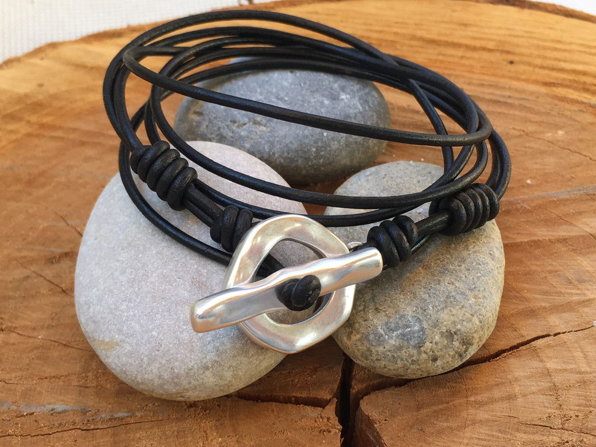 Unisex wrap leather bracelet with silver toggle clasp ideal for men and women gift, multi-layer bohemian tribal style leather bracelet,
