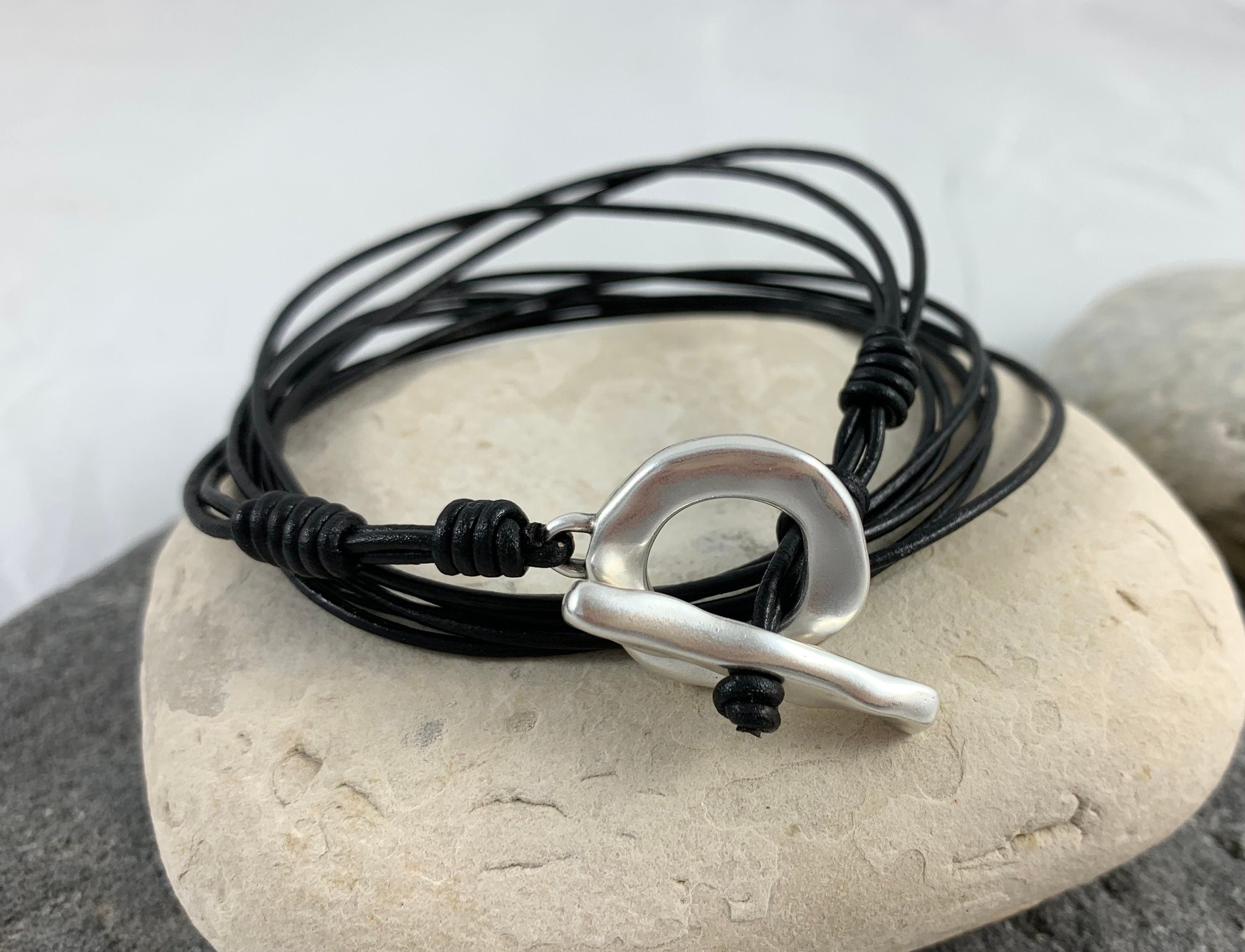 Unisex wrap leather bracelet with silver toggle clasp ideal for men and women gift, multi-layer bohemian tribal style leather bracelet,