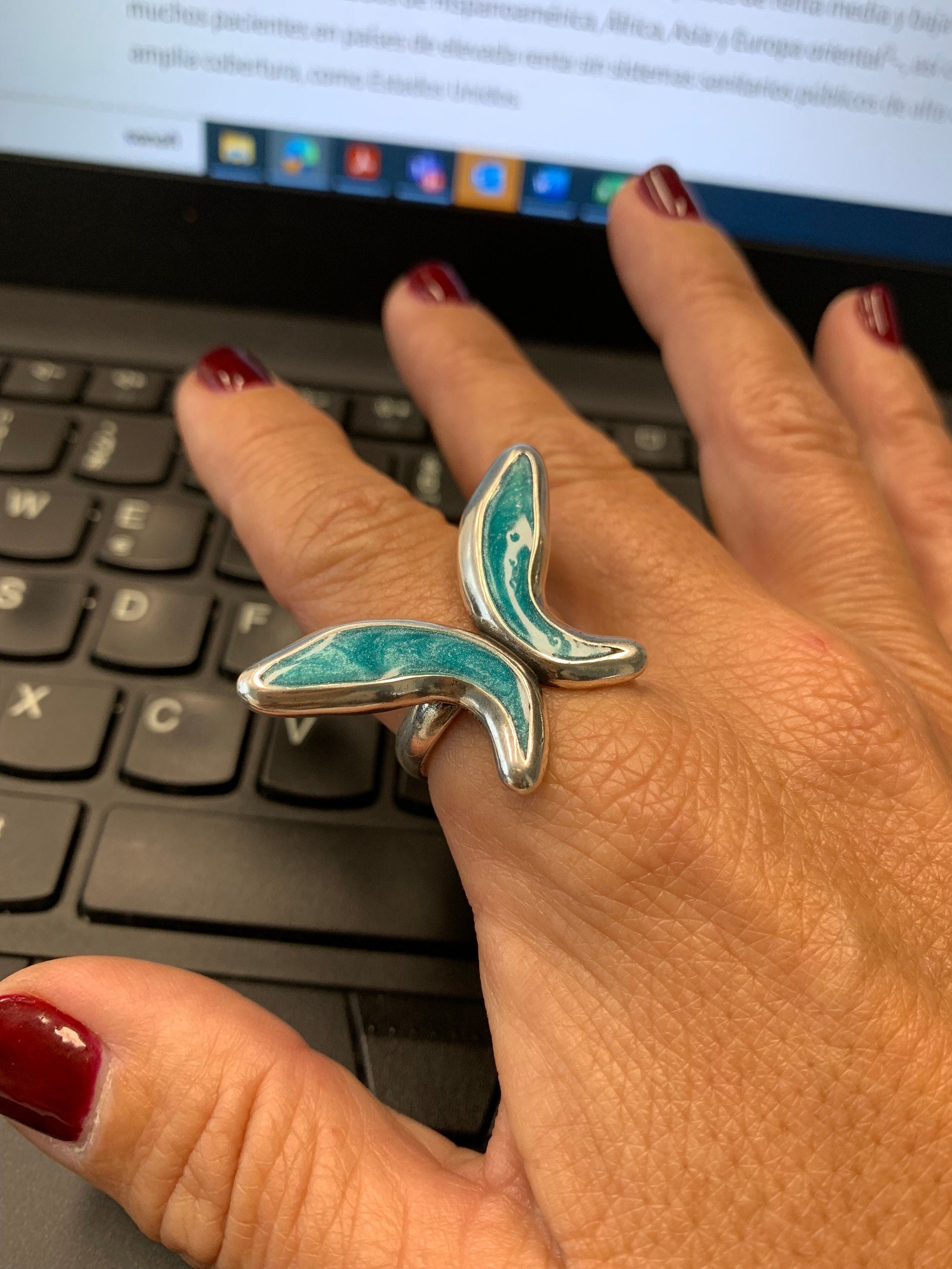 Statement butterfly chunky silver ring, oversize ring, unique design ring, special gift for women, uno de 50 style, blue ring, perfect gift