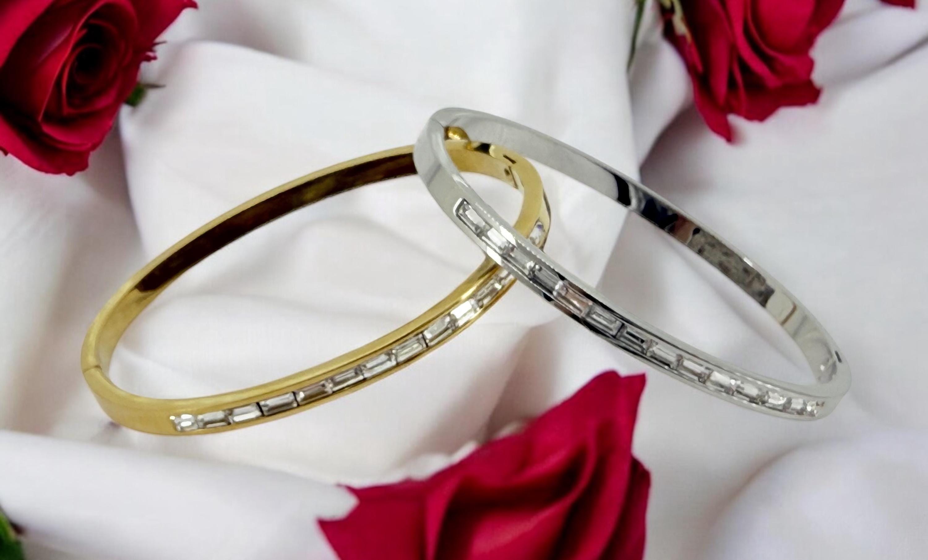 Silver or gold rigid bangle with zirconia, stainless steel bangle, gold or silver cuff, bohemian rigid bracelet, girlfriend birthday gift