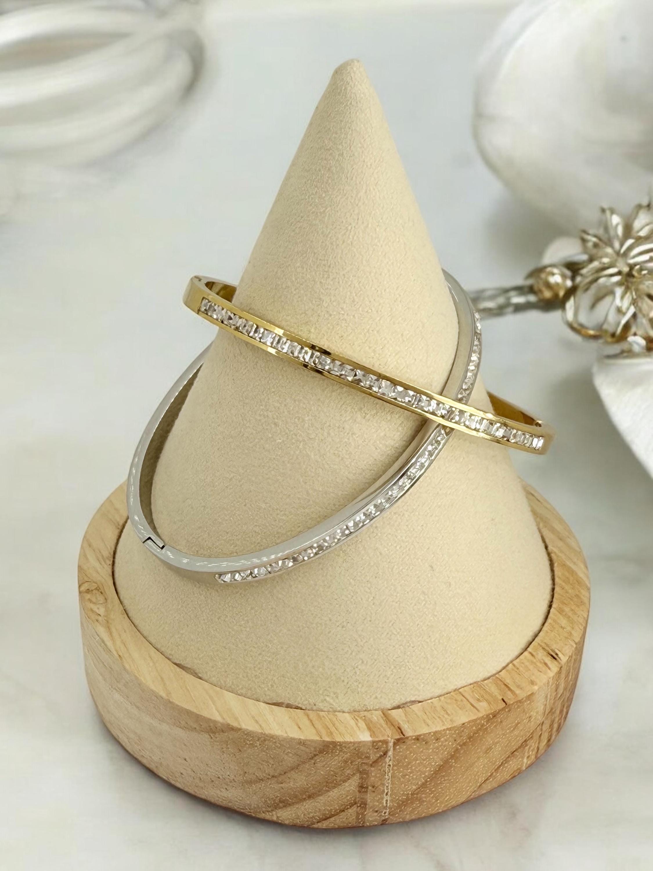 Silver or gold rigid bangle with zirconia, stainless steel bangle, gold or silver cuff, bohemian rigid bracelet, girlfriend birthday gift
