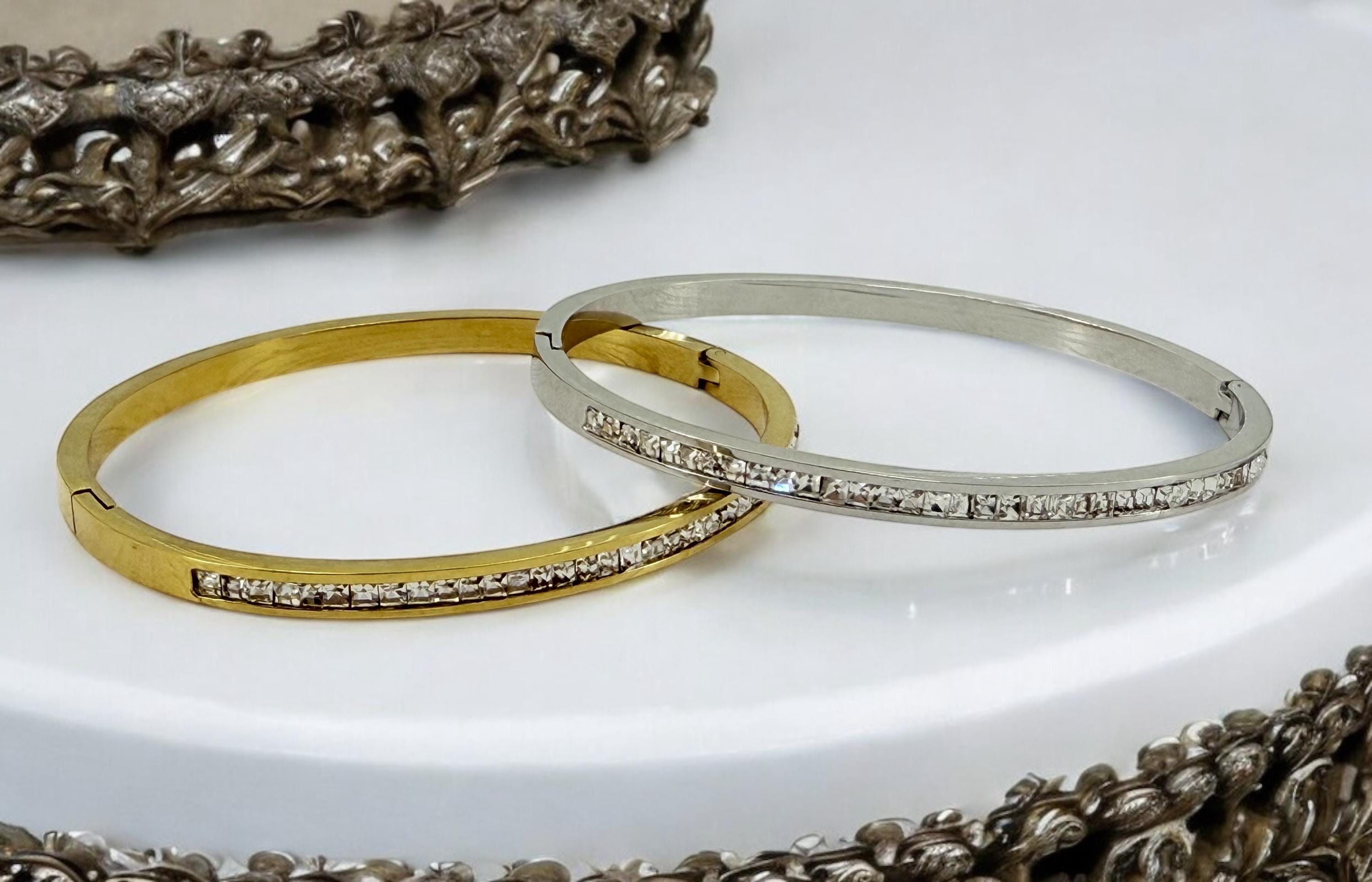 Silver or gold rigid bangle with zirconia, stainless steel bangle, gold or silver cuff, bohemian rigid bracelet, girlfriend birthday gift