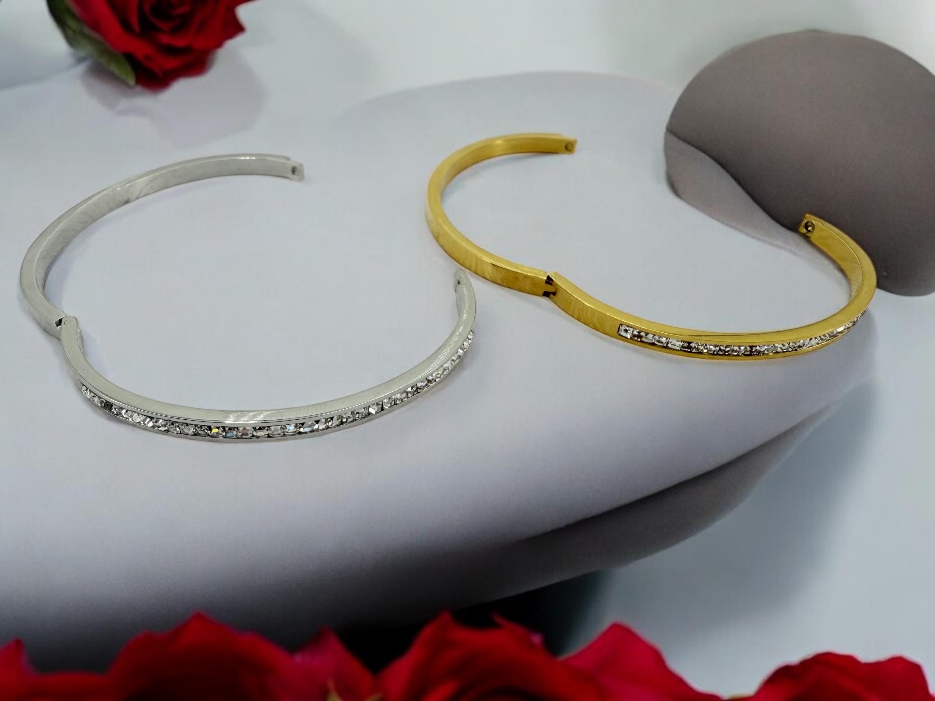 Silver or gold rigid bangle with zirconia, stainless steel bangle, gold or silver cuff, bohemian rigid bracelet, girlfriend birthday gift