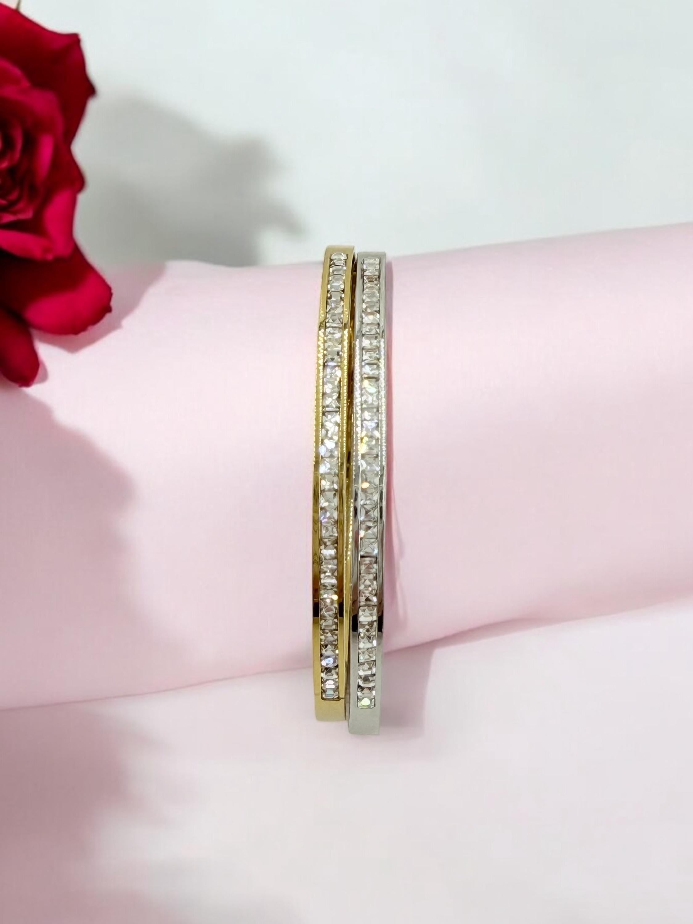 Silver or gold rigid bangle with zirconia, stainless steel bangle, gold or silver cuff, bohemian rigid bracelet, girlfriend birthday gift