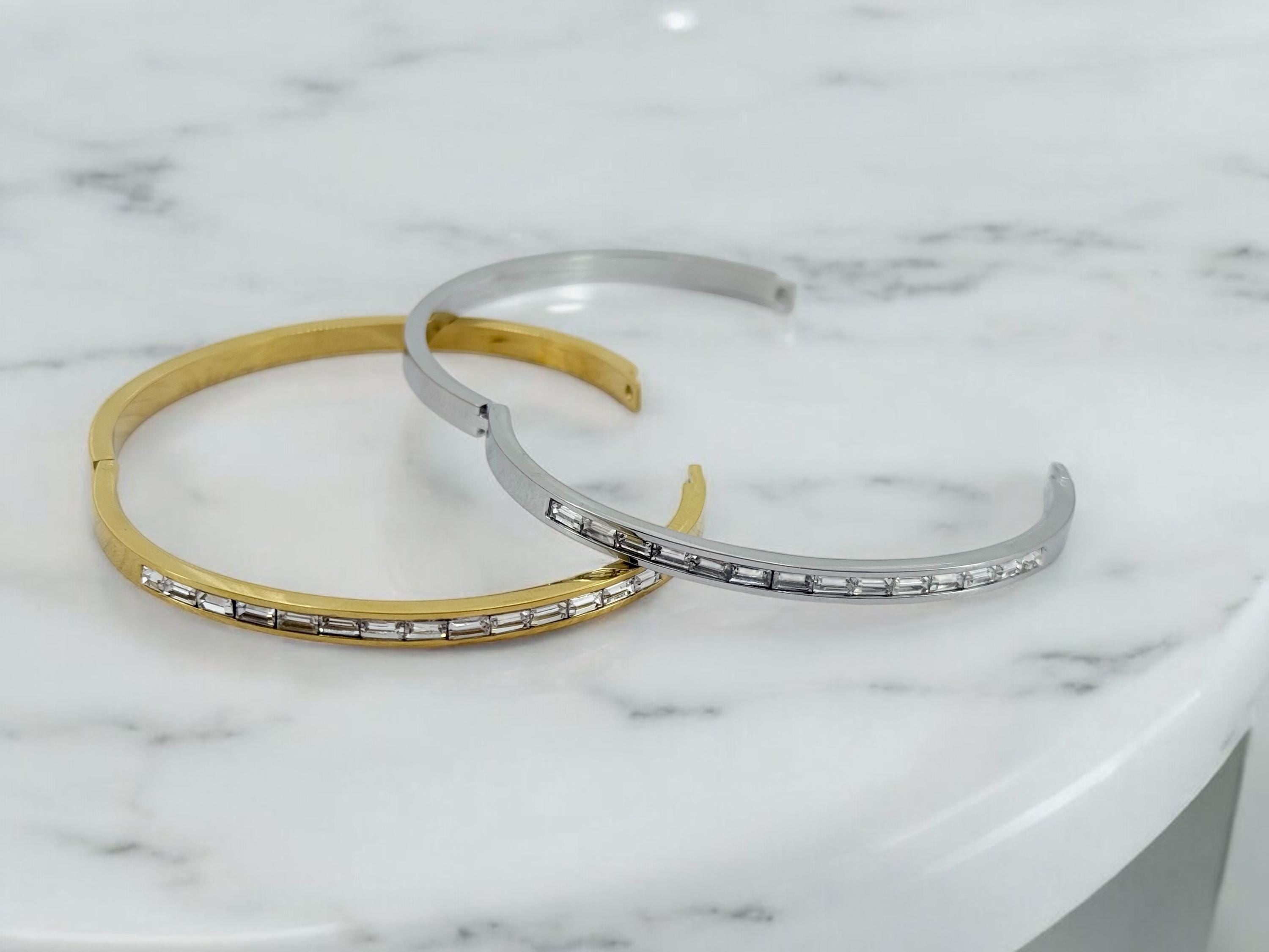 Silver or gold rigid bangle with zirconia, stainless steel bangle, gold or silver cuff, bohemian rigid bracelet, girlfriend birthday gift
