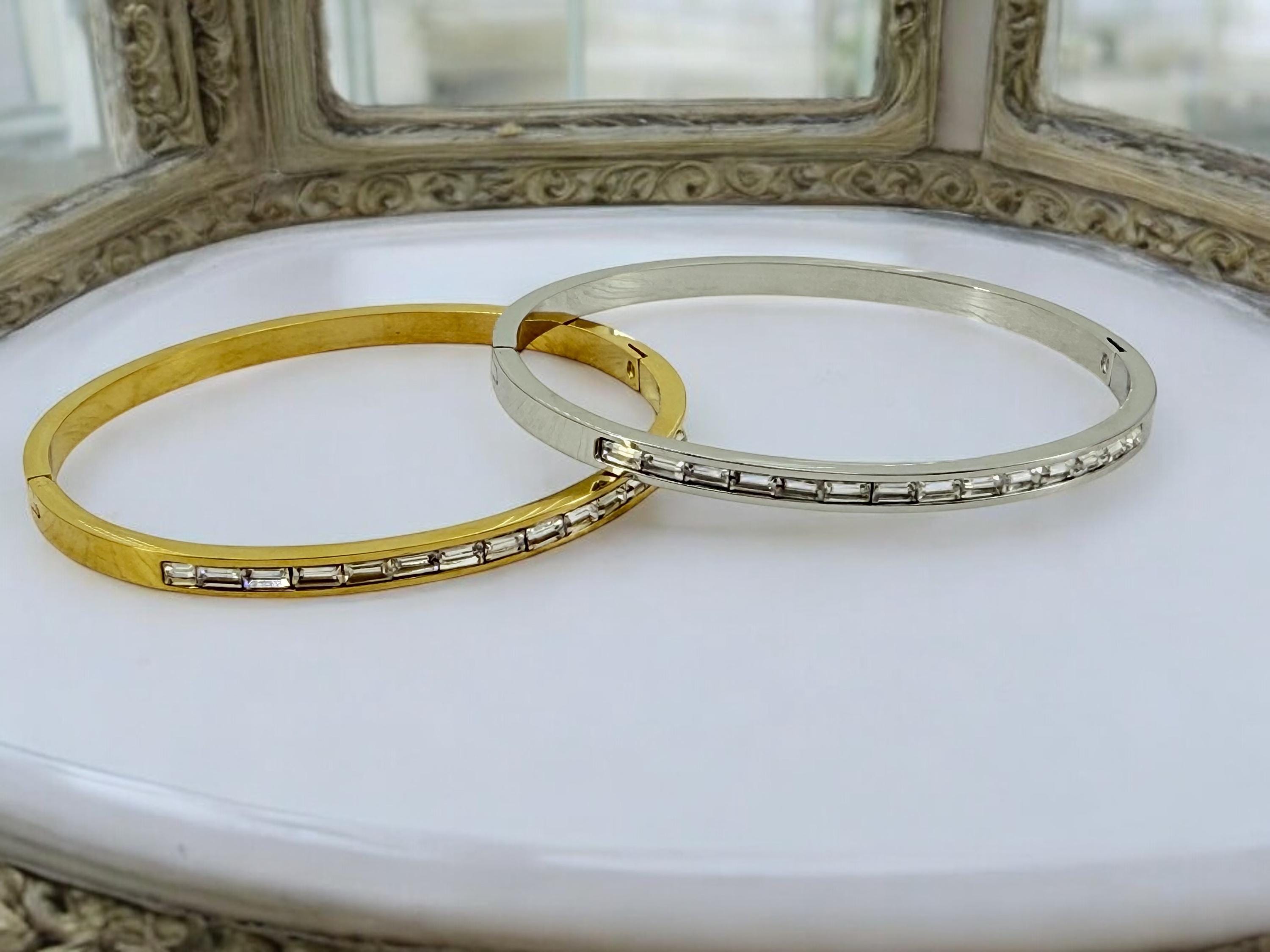 Silver or gold rigid bangle with zirconia, stainless steel bangle, gold or silver cuff, bohemian rigid bracelet, girlfriend birthday gift