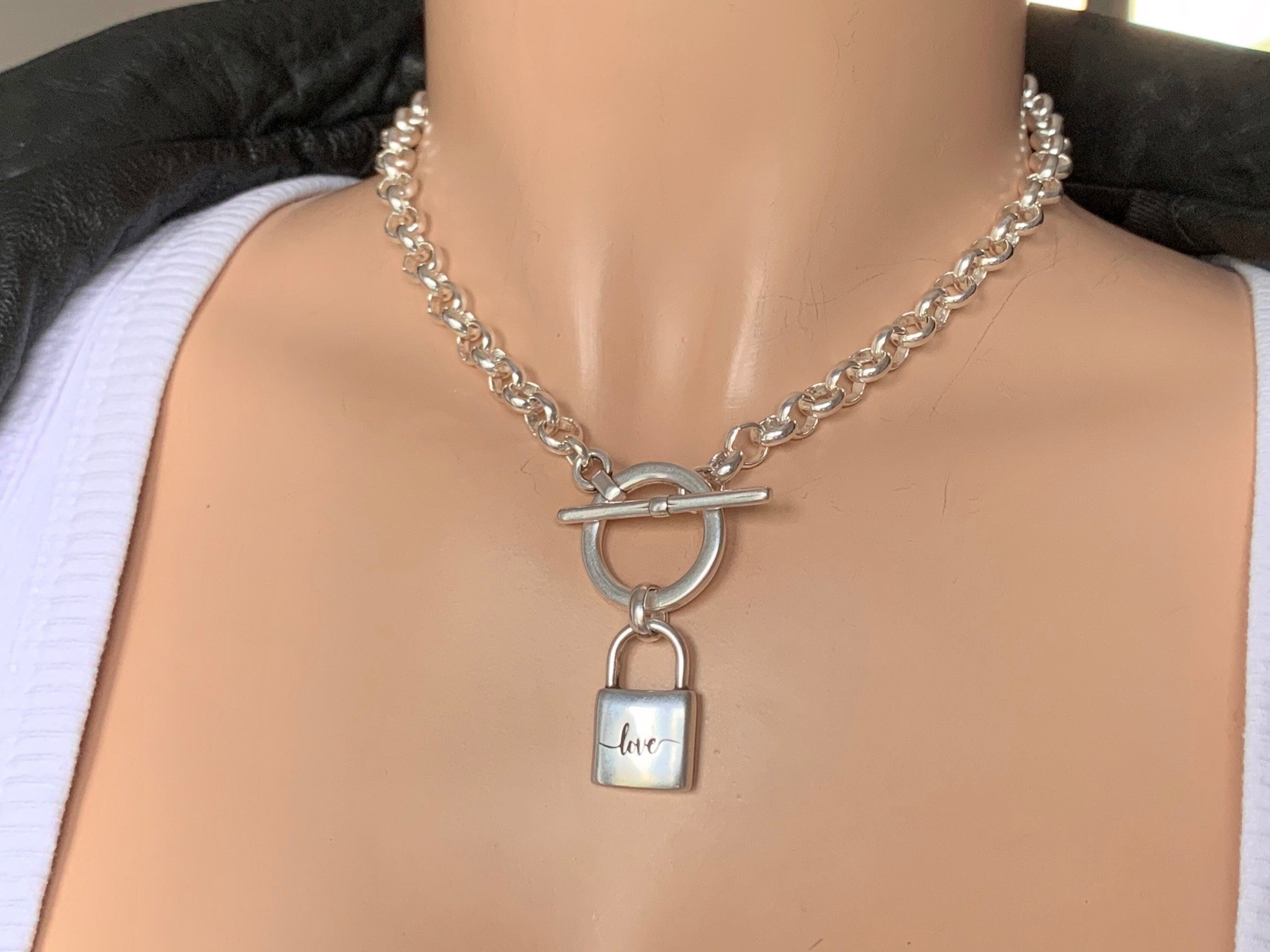 Chunky silver chain toggle necklace with padlock pendant, thick chain necklace, bold chain necklace, uno de 50 style, gift for women
