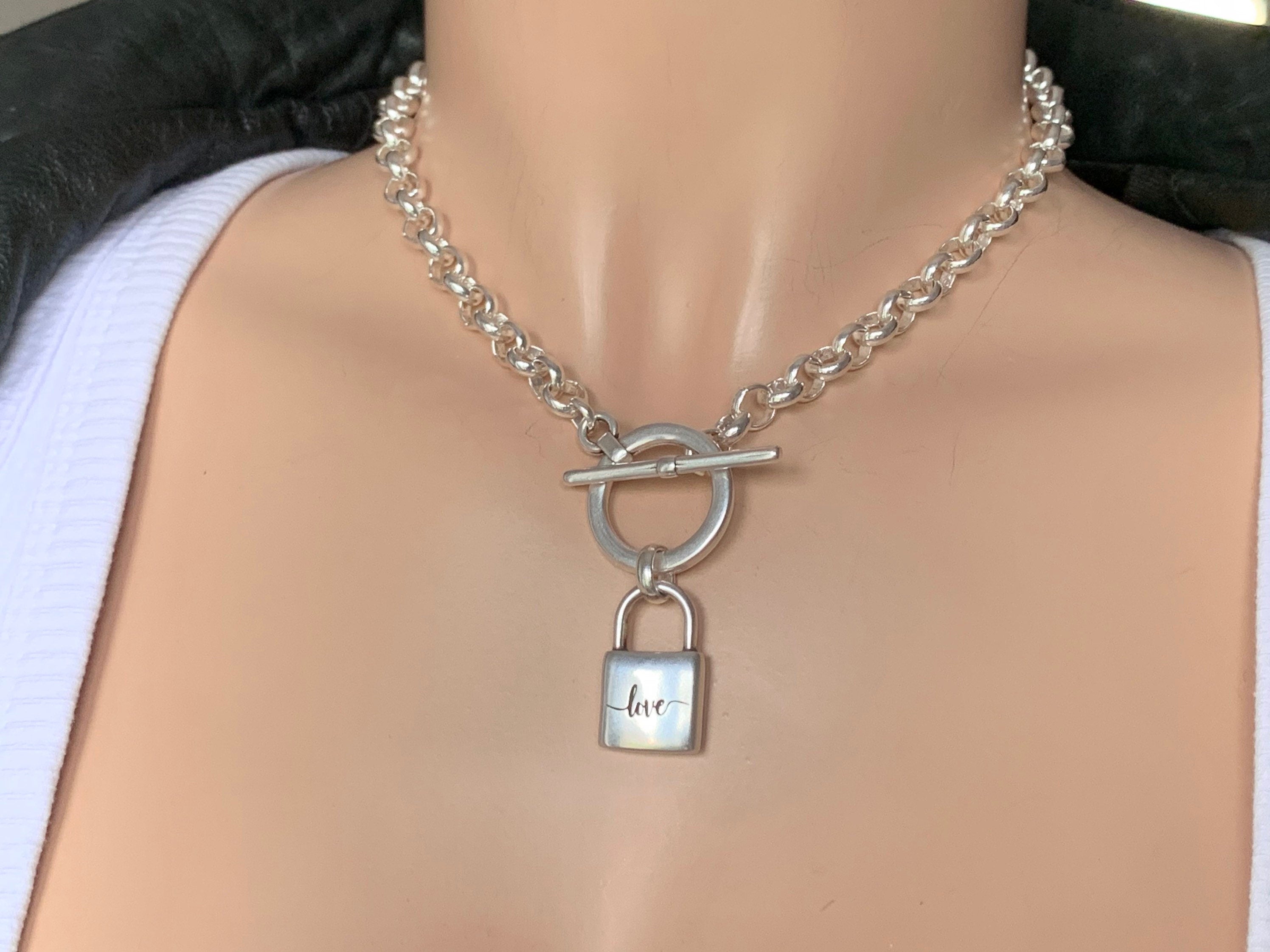 Chunky silver chain toggle necklace with padlock pendant, thick chain necklace, bold chain necklace, uno de 50 style, gift for women