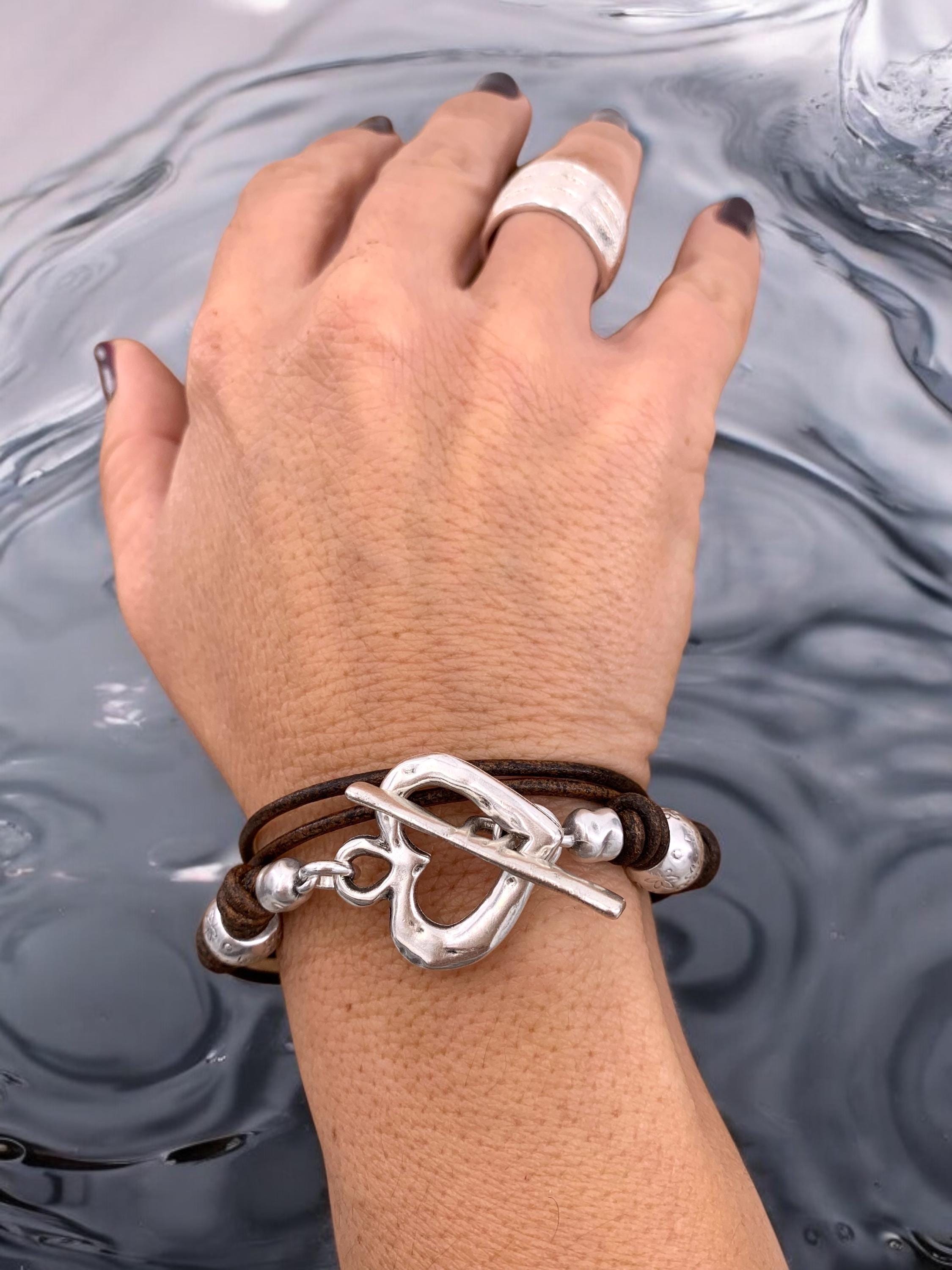 Leather multi strand bracelet with silver heart toggle clasp, bohemian bracelet, silver heart bracelet, hippie wrap leather bracelet, gift