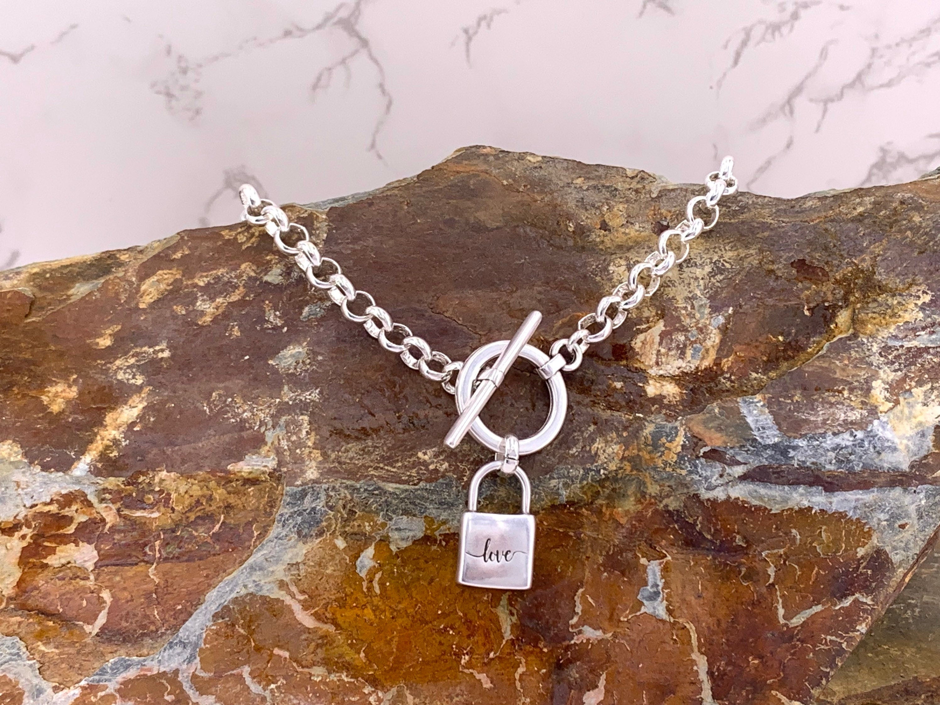 Chunky silver chain toggle necklace with padlock pendant, thick chain necklace, bold chain necklace, uno de 50 style, gift for women