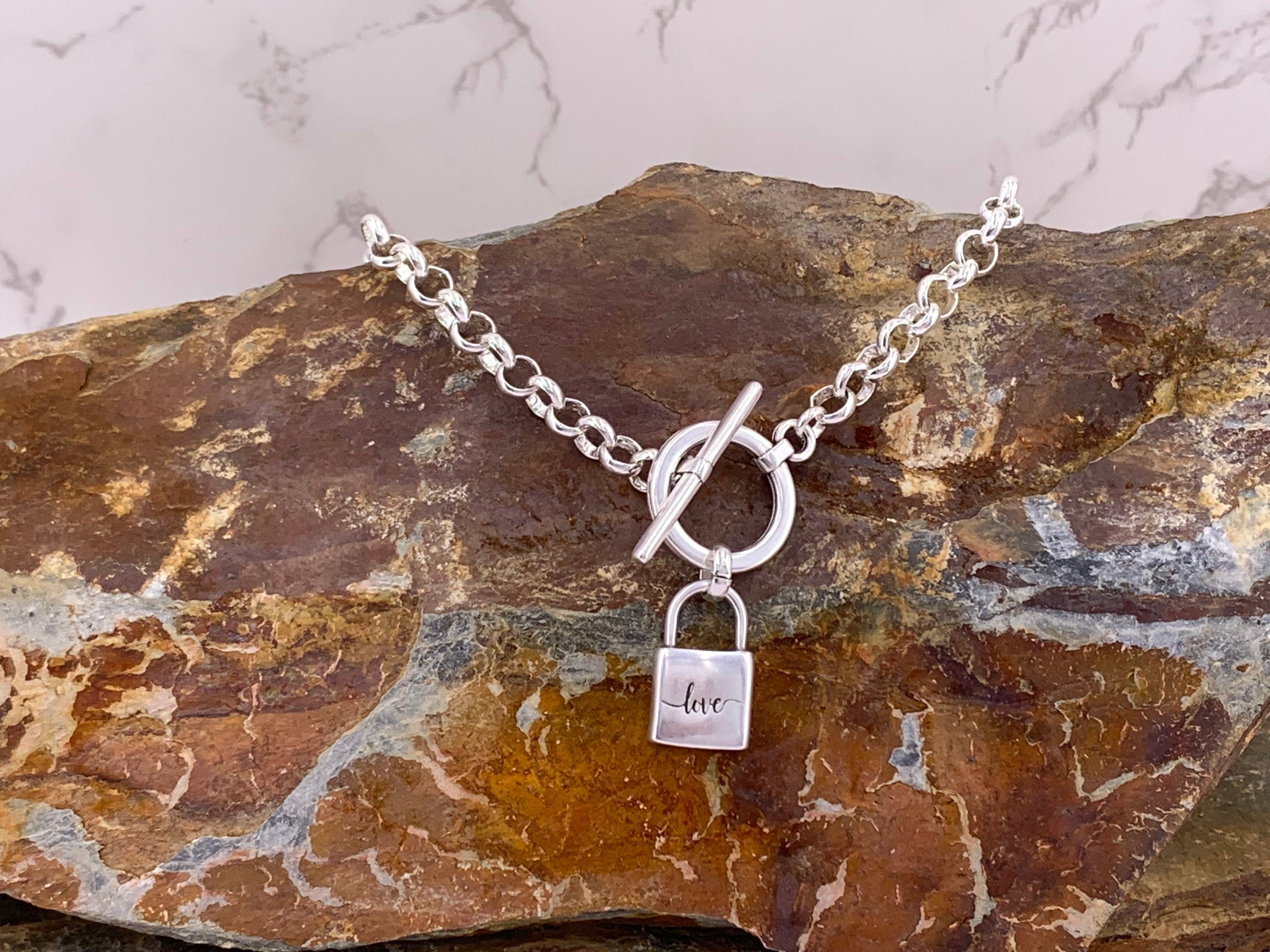 Chunky silver chain toggle necklace with padlock pendant, thick chain necklace, bold chain necklace, uno de 50 style, gift for women