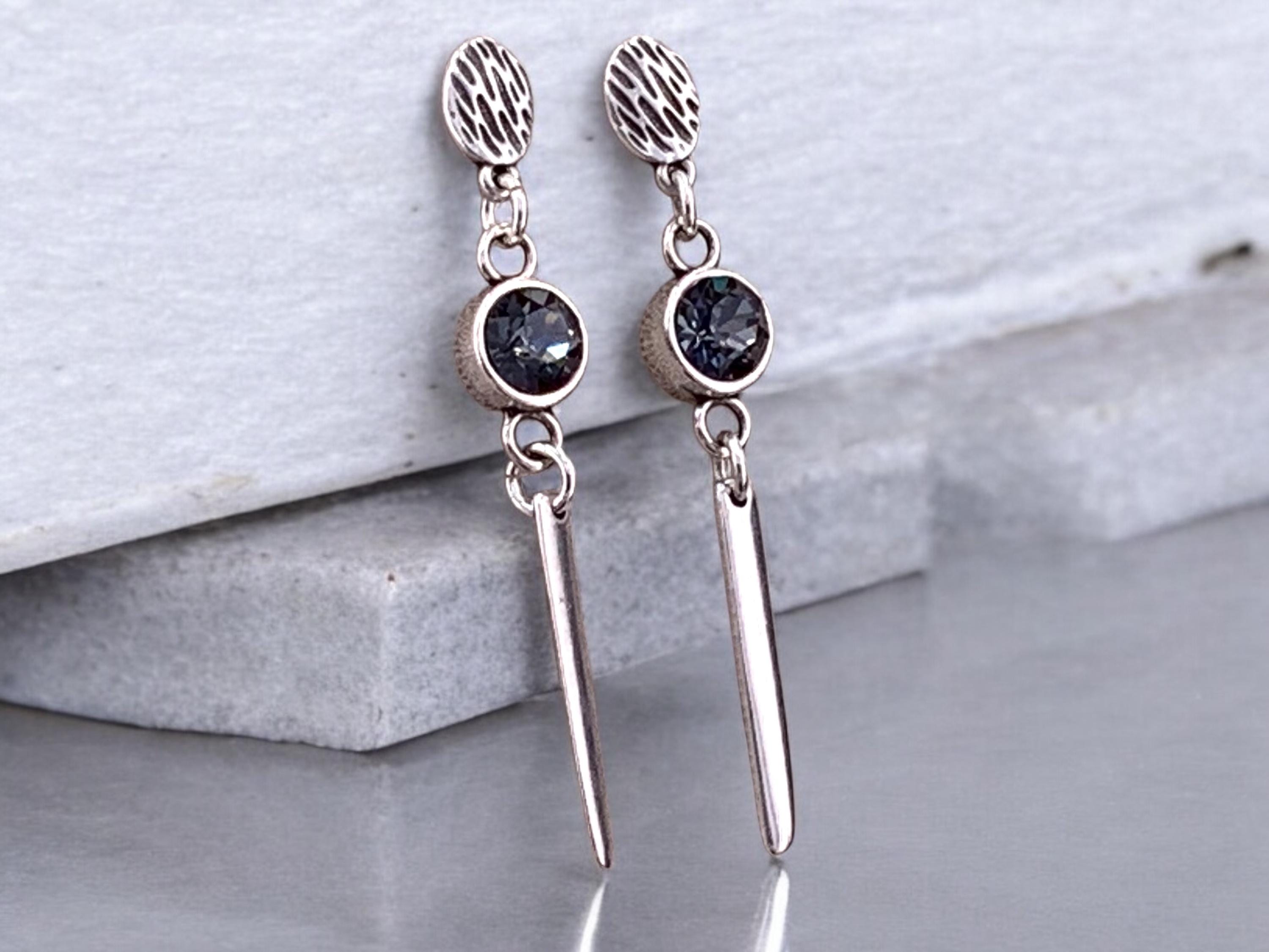 Long Silver Dangle Bold Earrings – Swarovski Crystal Accent – Sculptural Movement – Kukuri Jewelry