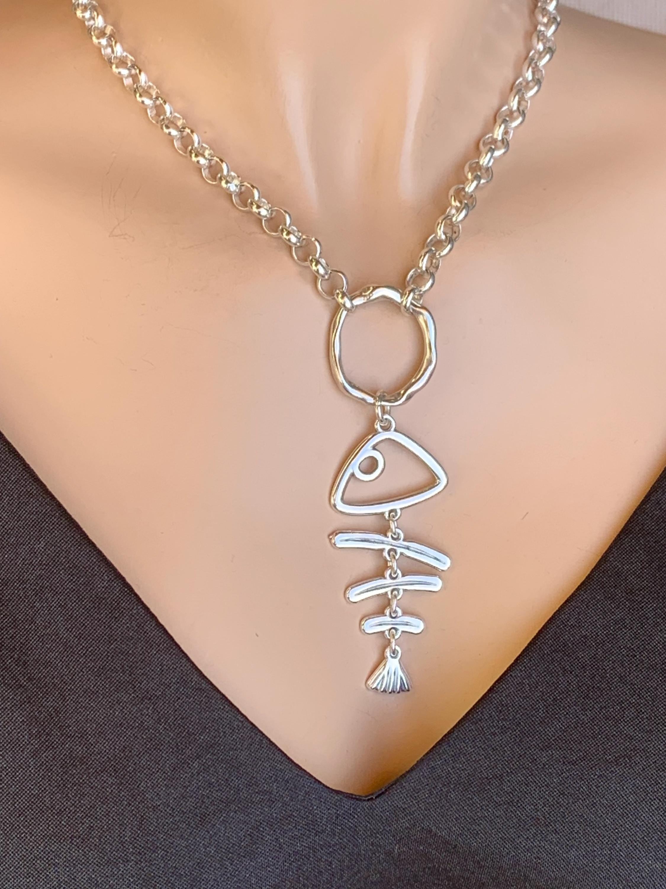 Statement pendant silver necklace, silver chain chunky pendant necklace, funny fish skeleton necklace, valentines gift, uno de 50 style,