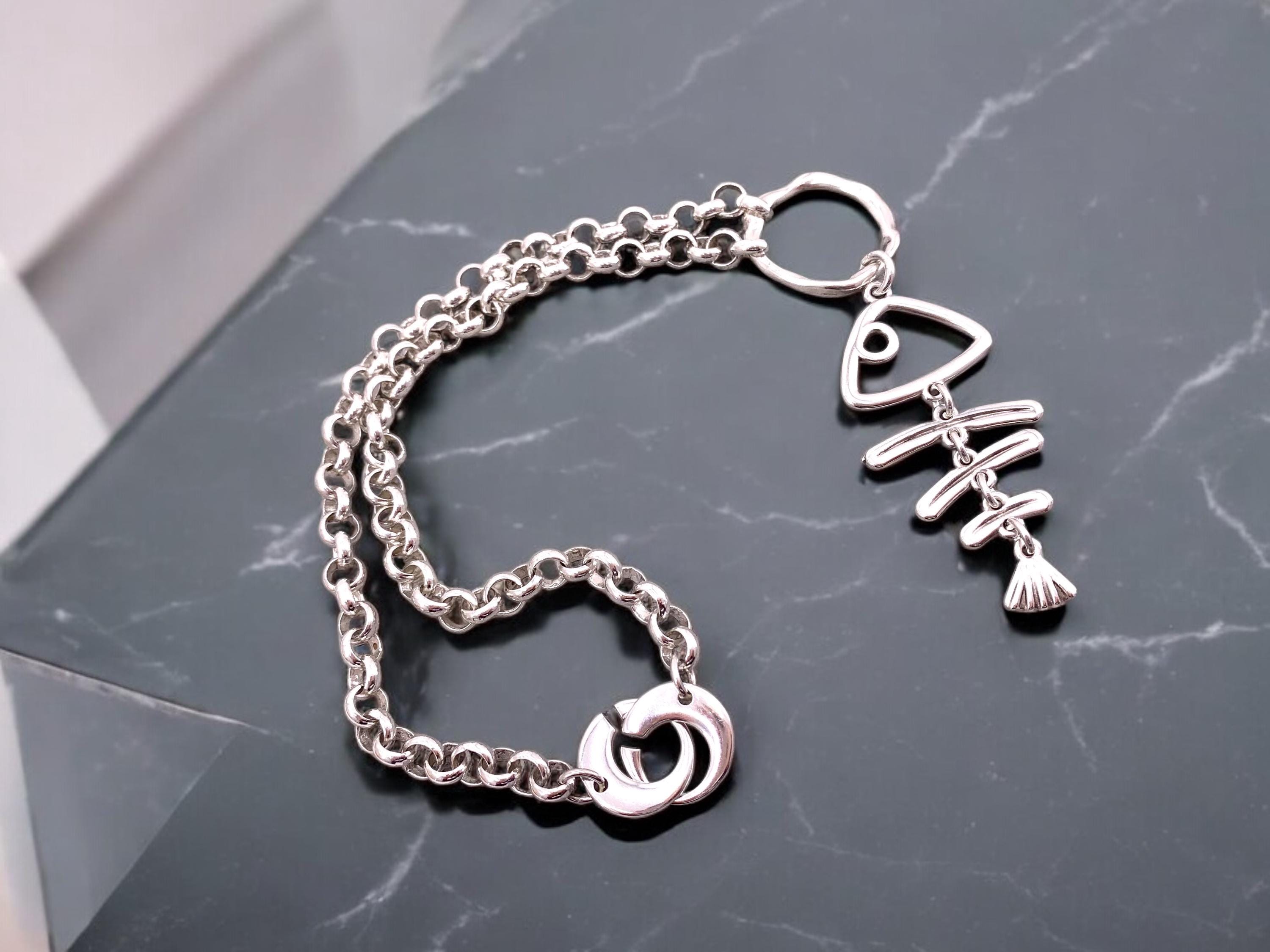 Statement pendant silver necklace, silver chain chunky pendant necklace, funny fish skeleton necklace, valentines gift, uno de 50 style,