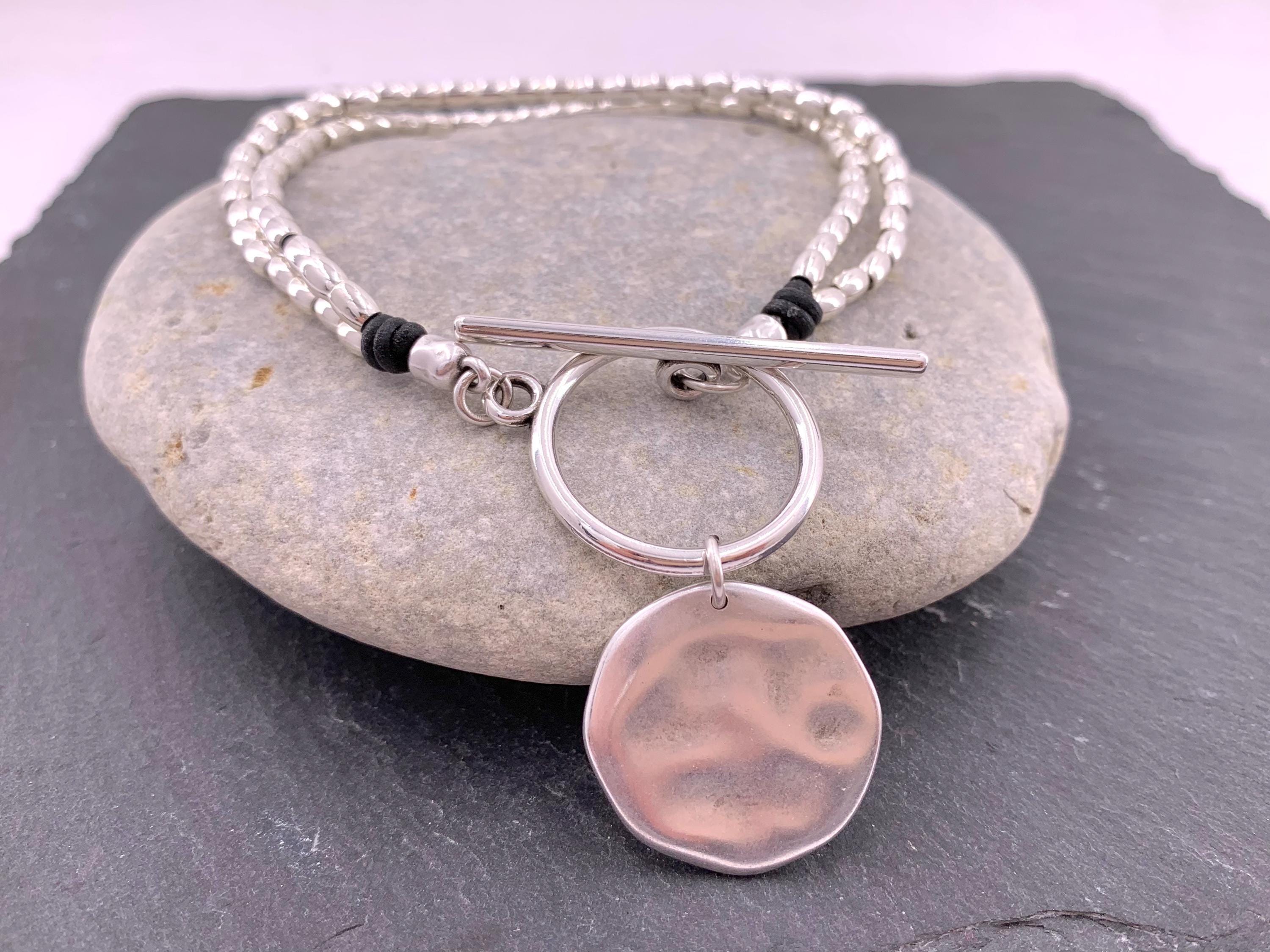 Statement circle pendant toggle necklace, silver beaded necklace, chunky toggle necklace, Wrap silver choker with big coin pendant, gift