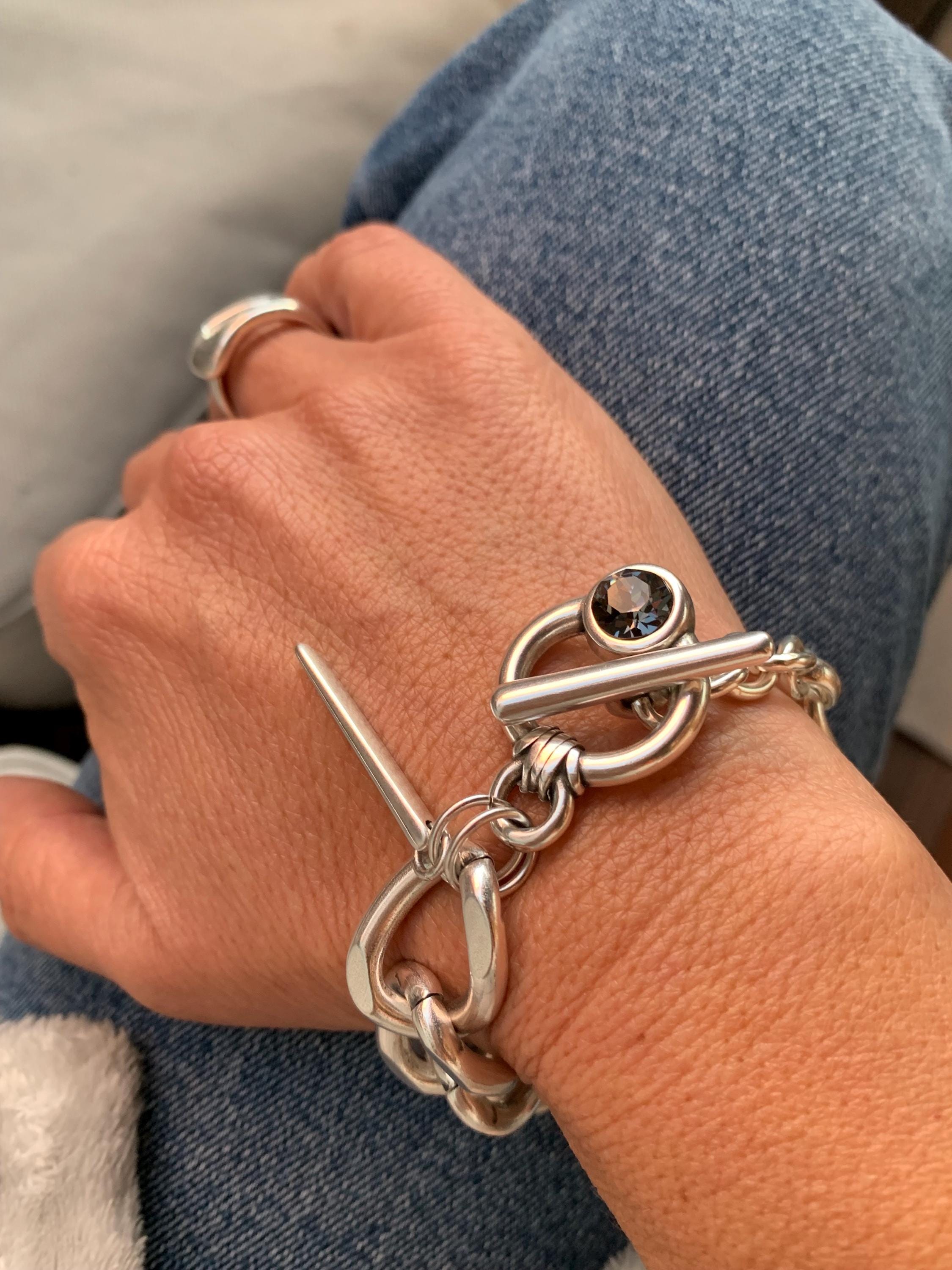 Chunky Silver plated bold Chain Bracelet, Toggle Clasp cuff with Swarovski Crystal