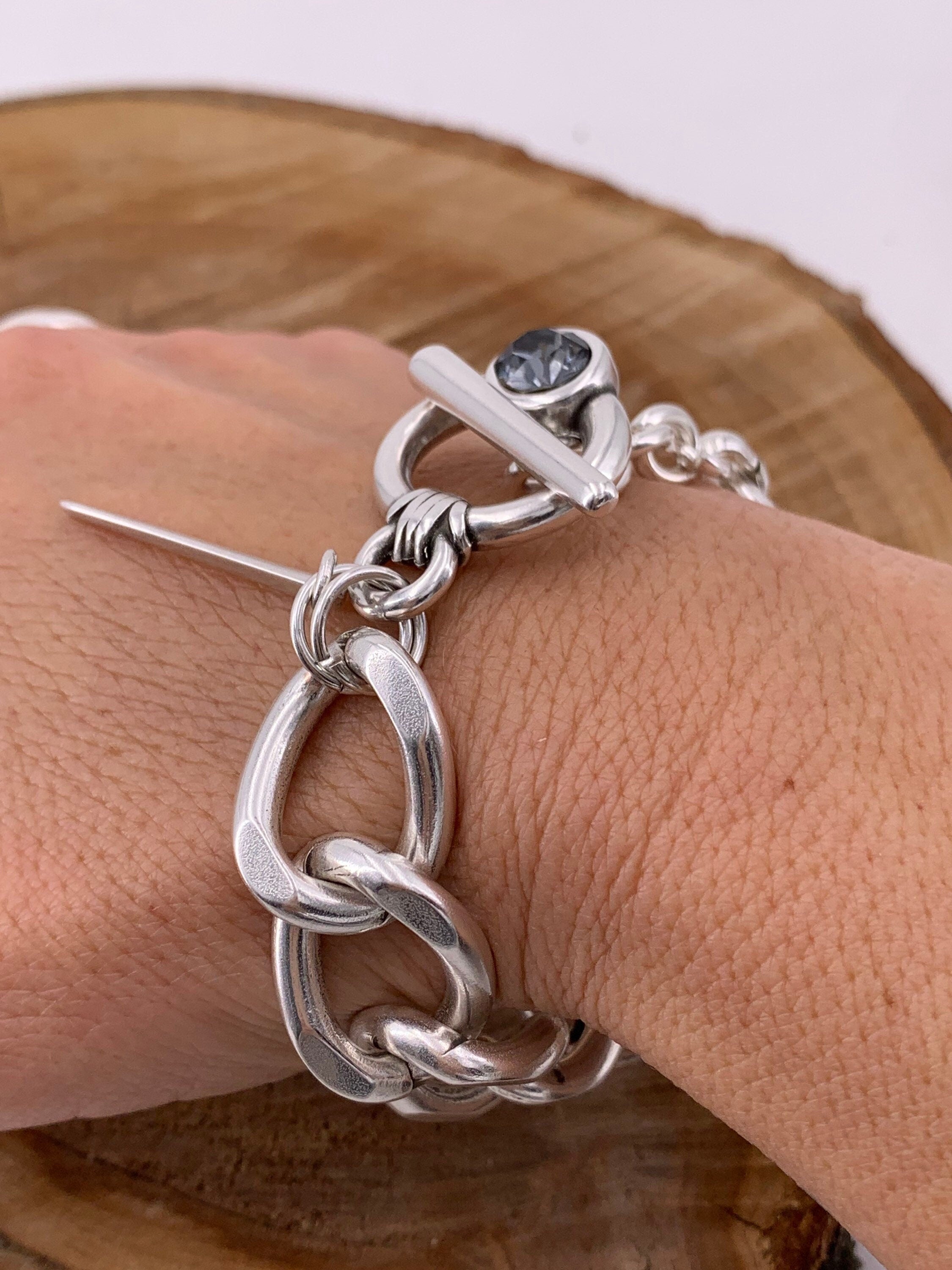Chunky Silver plated bold Chain Bracelet, Toggle Clasp cuff with Swarovski Crystal