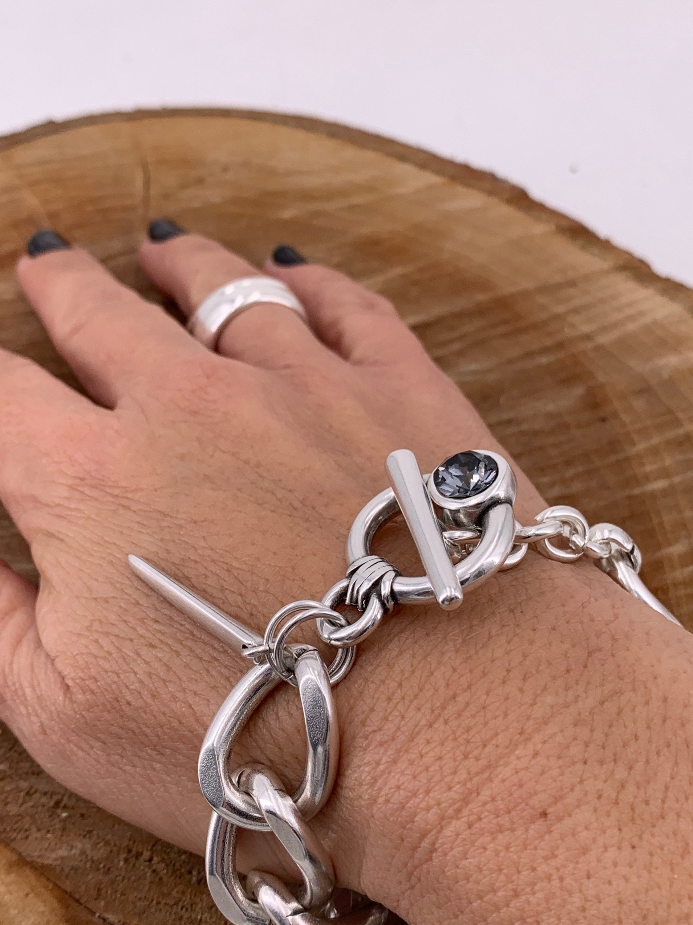 Chunky Silver plated bold Chain Bracelet, Toggle Clasp cuff with Swarovski Crystal