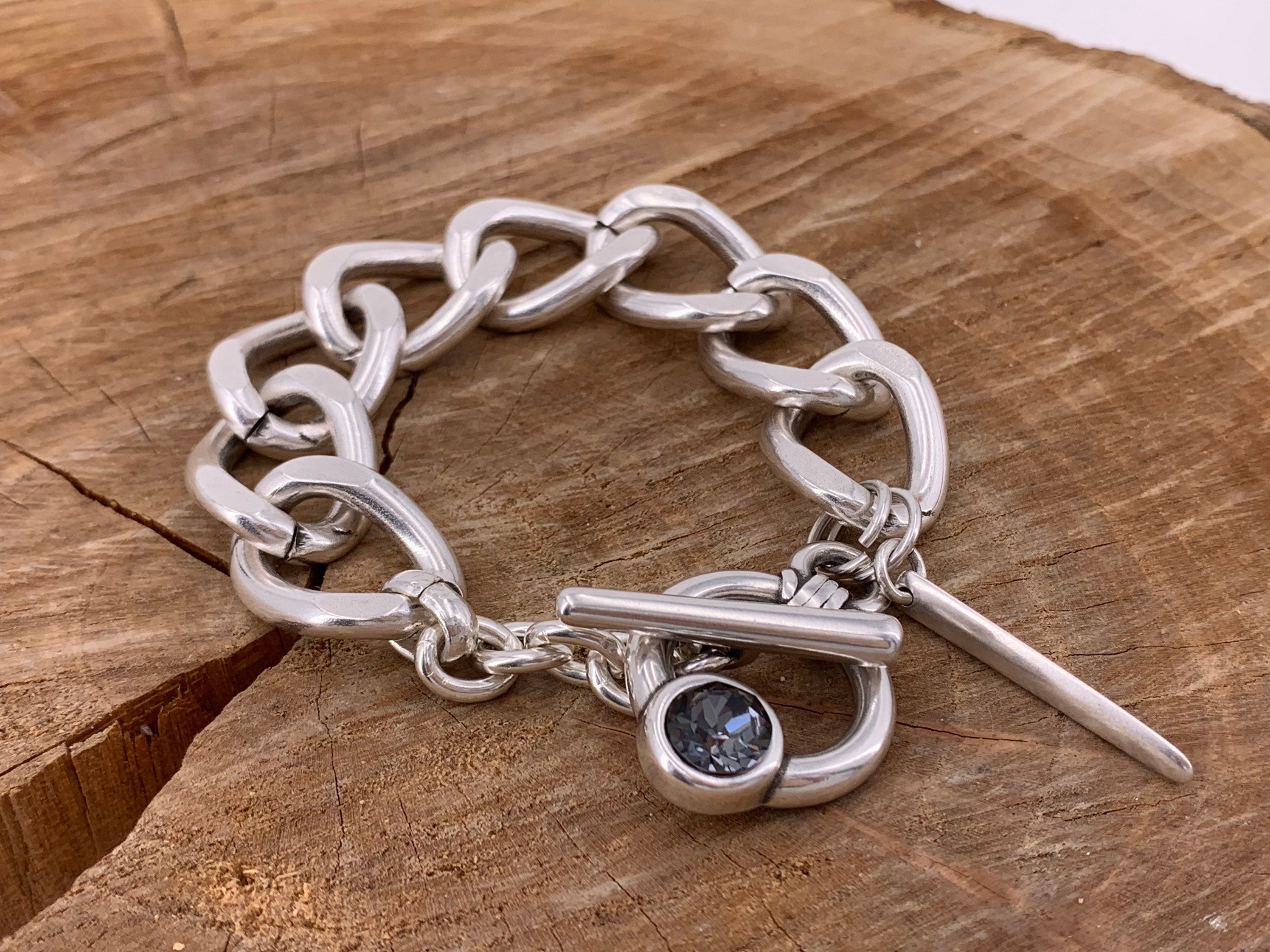 Chunky Silver plated bold Chain Bracelet, Toggle Clasp cuff with Swarovski Crystal