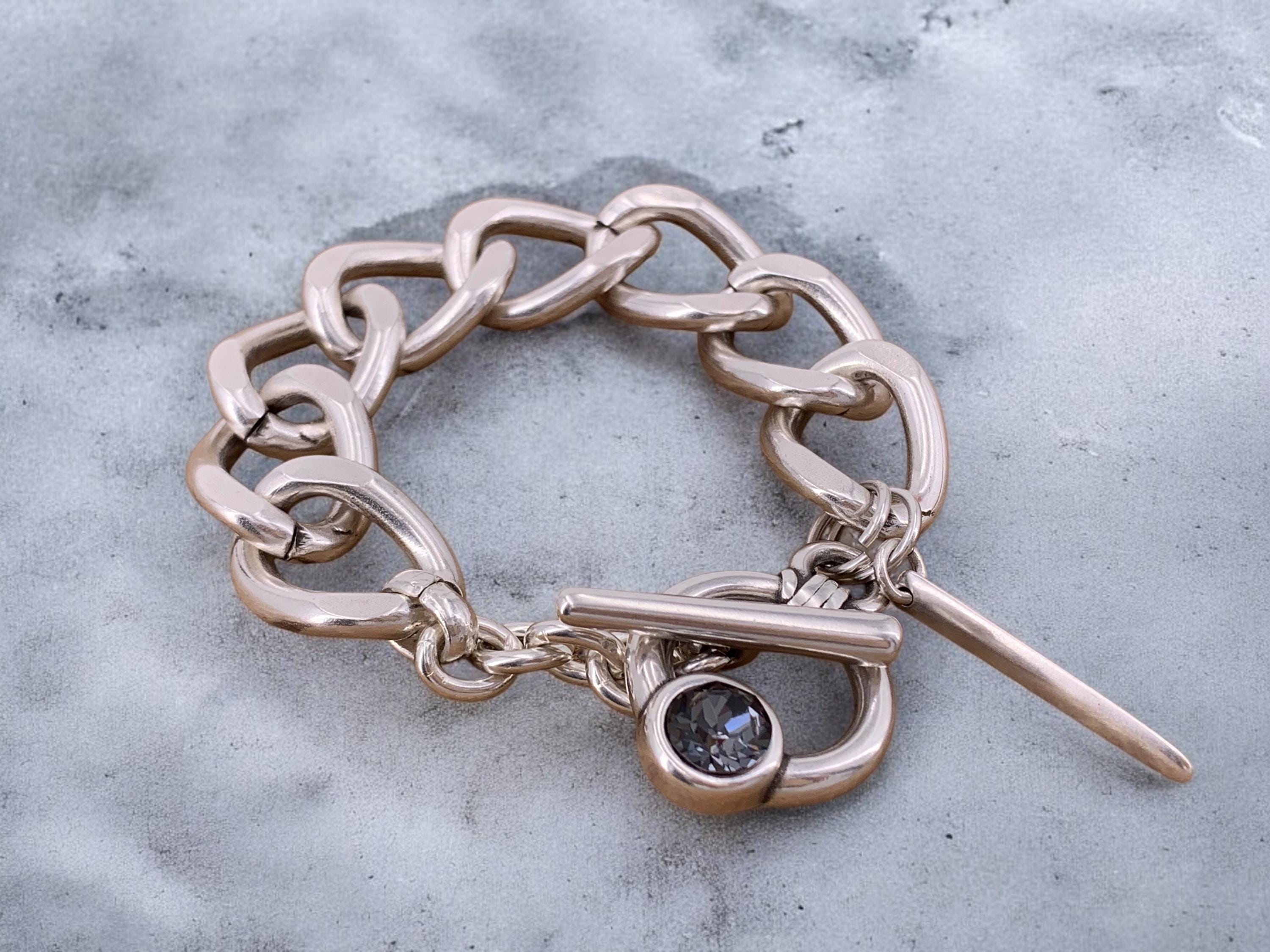 Chunky Silver plated bold Chain Bracelet, Toggle Clasp cuff with Swarovski Crystal