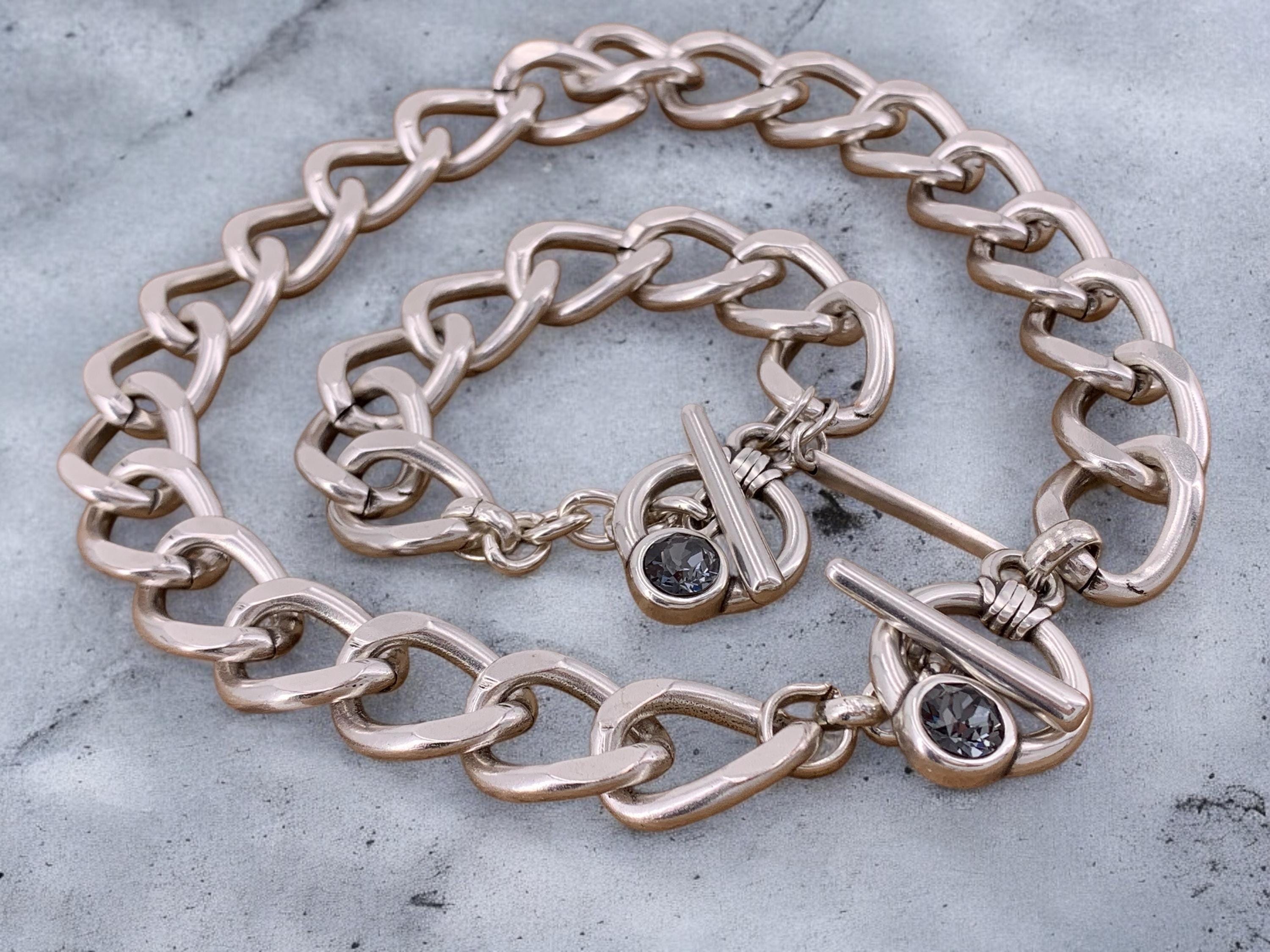 Chunky Silver plated bold Chain Bracelet, Toggle Clasp cuff with Swarovski Crystal