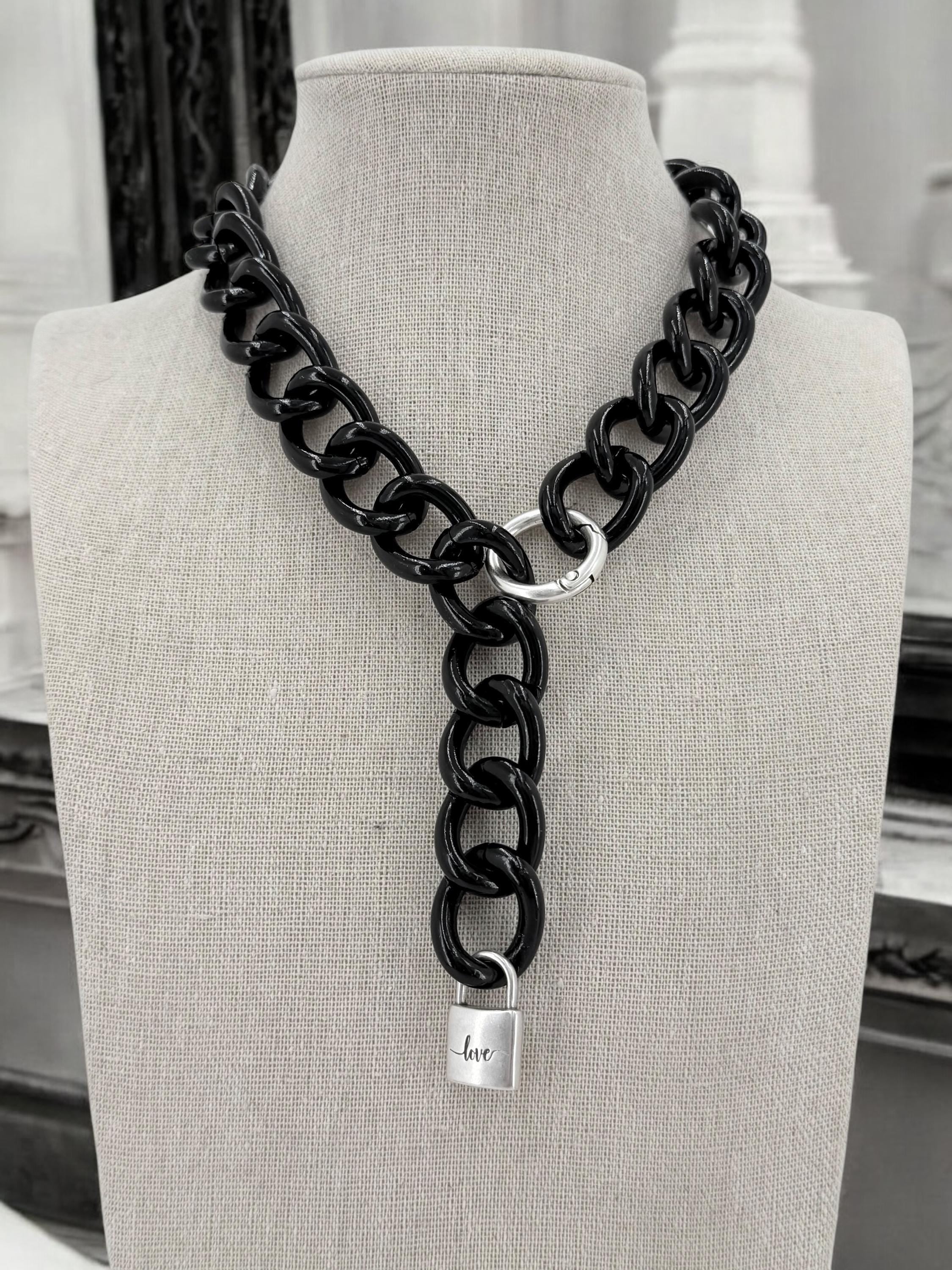 Chunky aluminum black chain lariat necklace with padlock pendant, black chain necklace, lightweight necklace, adjustable bulky necklace,
