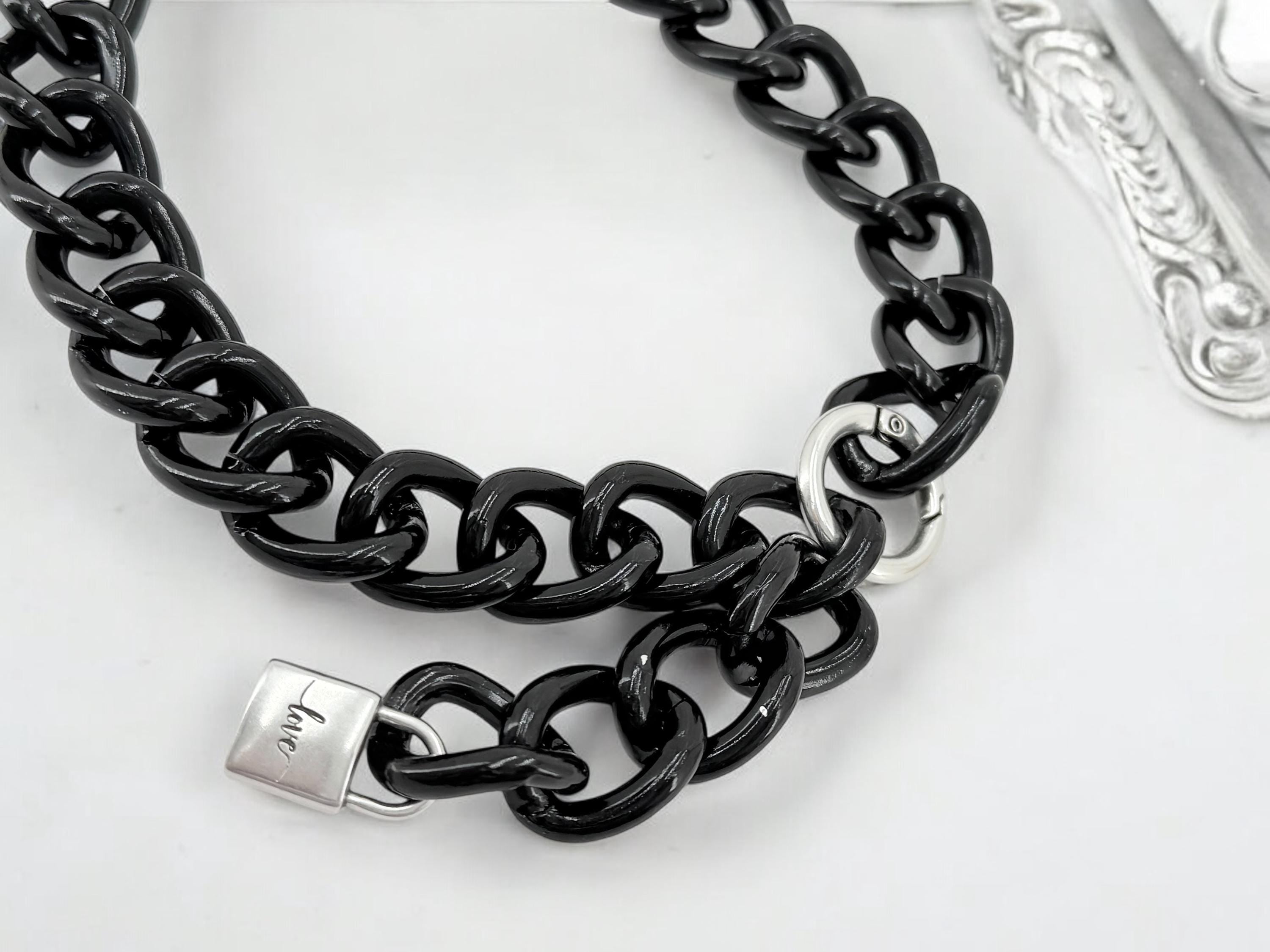 Chunky aluminum black chain lariat necklace with padlock pendant, black chain necklace, lightweight necklace, adjustable bulky necklace,
