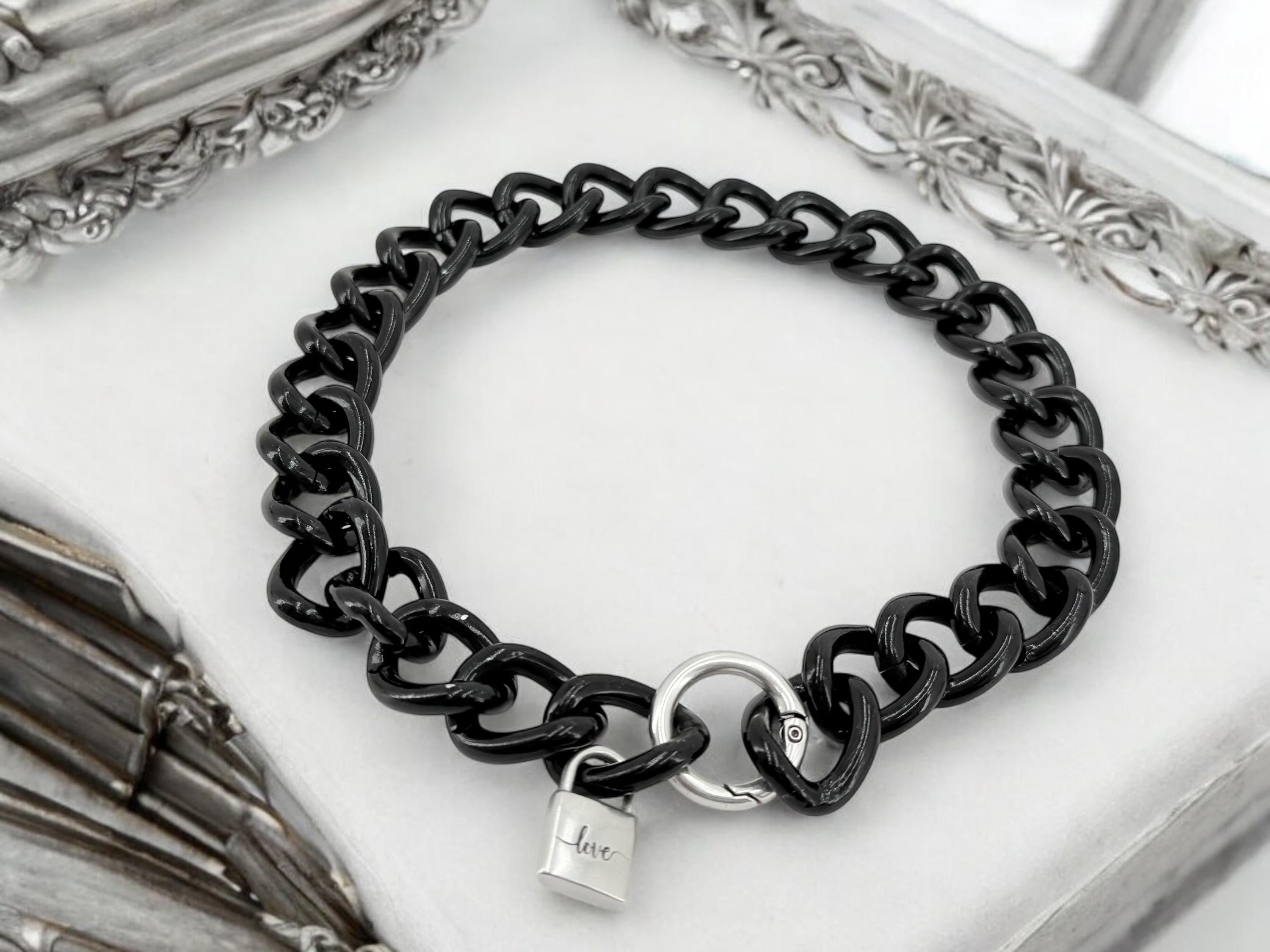 Chunky aluminum black chain lariat necklace with padlock pendant, black chain necklace, lightweight necklace, adjustable bulky necklace,