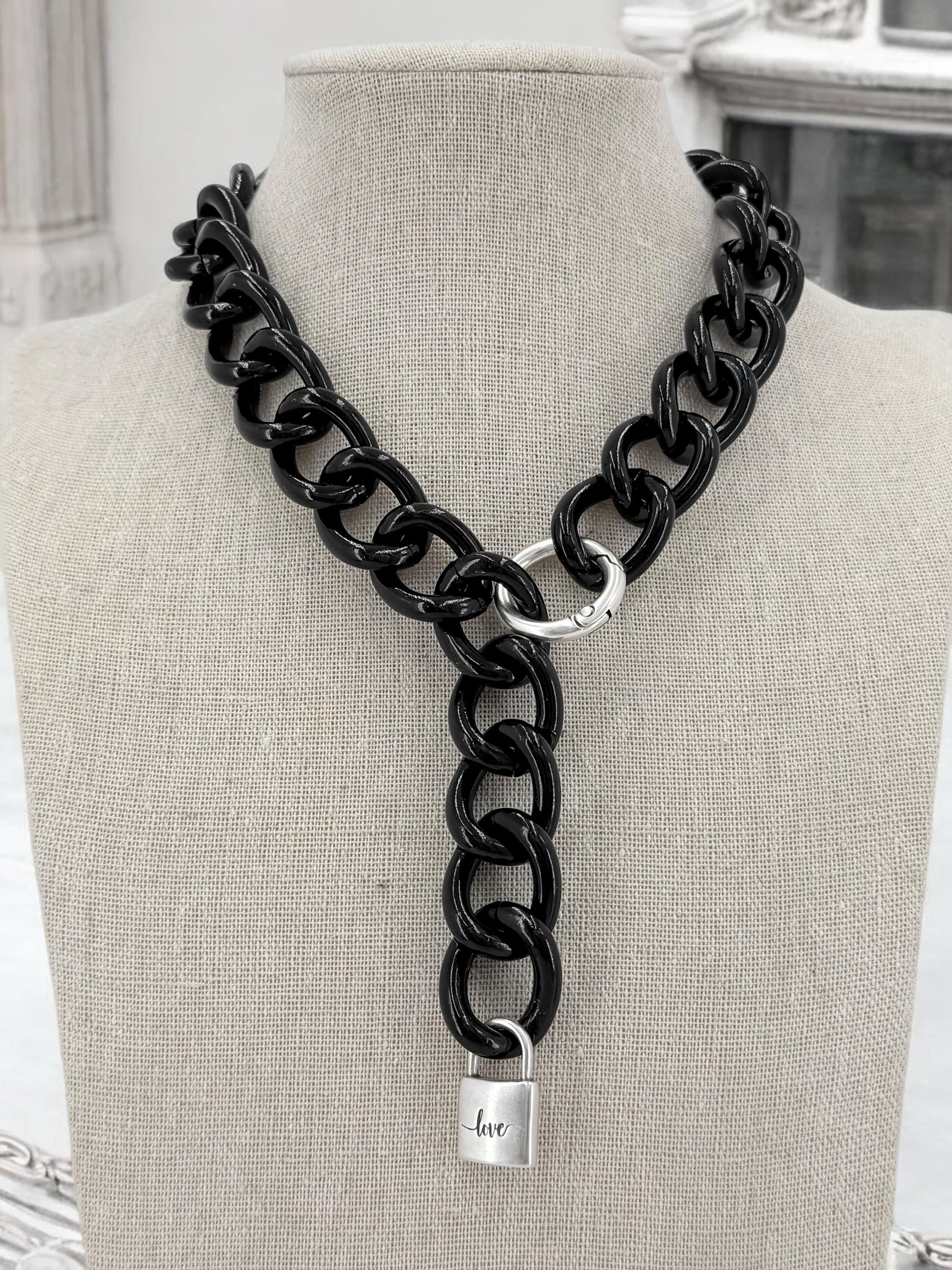 Chunky aluminum black chain lariat necklace with padlock pendant, black chain necklace, lightweight necklace, adjustable bulky necklace,