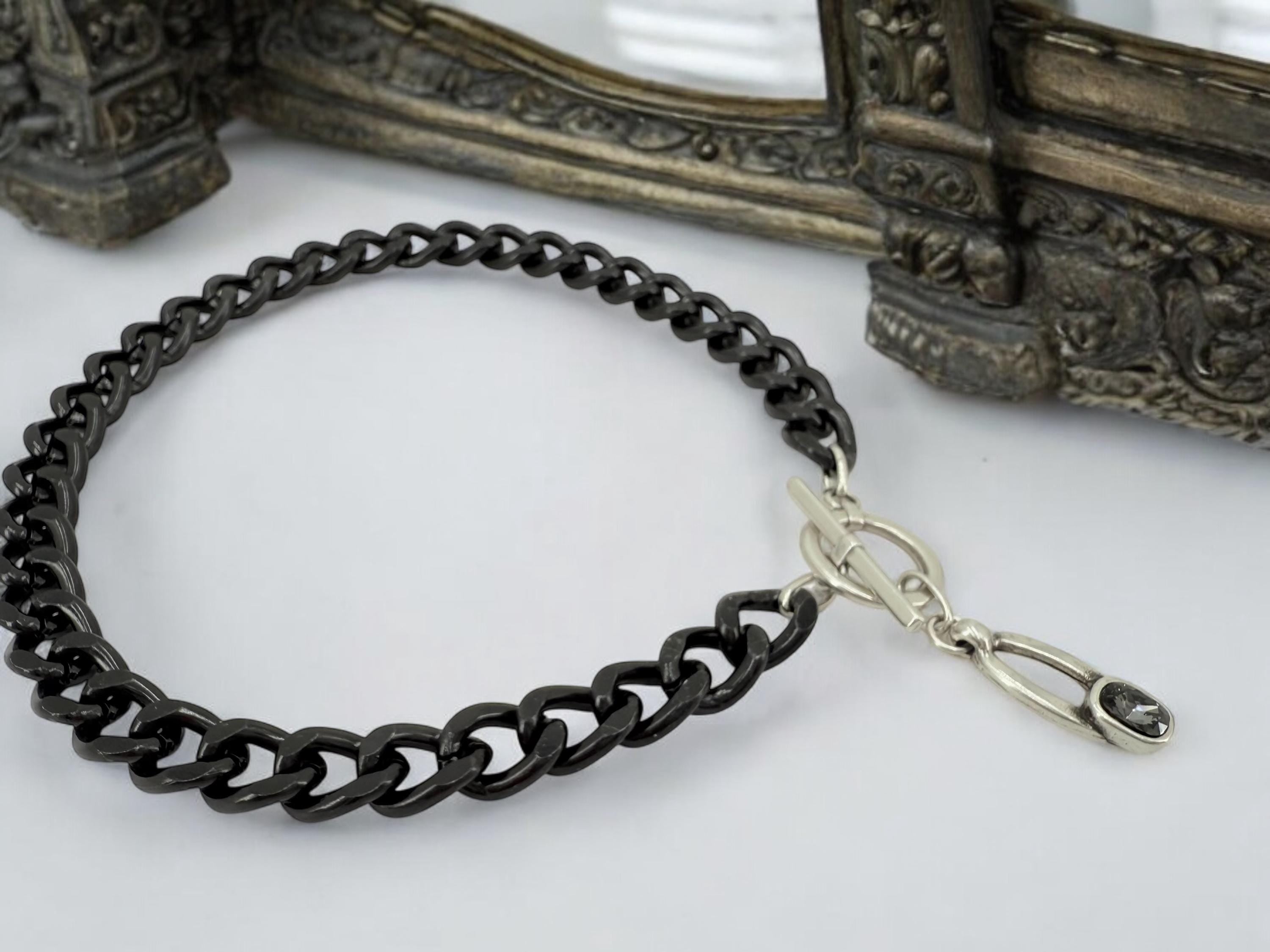 Chunky aluminum black chain necklace with Swarovski crystal pendant, toggle clasp black chain necklace, lightweight necklace, bold necklace