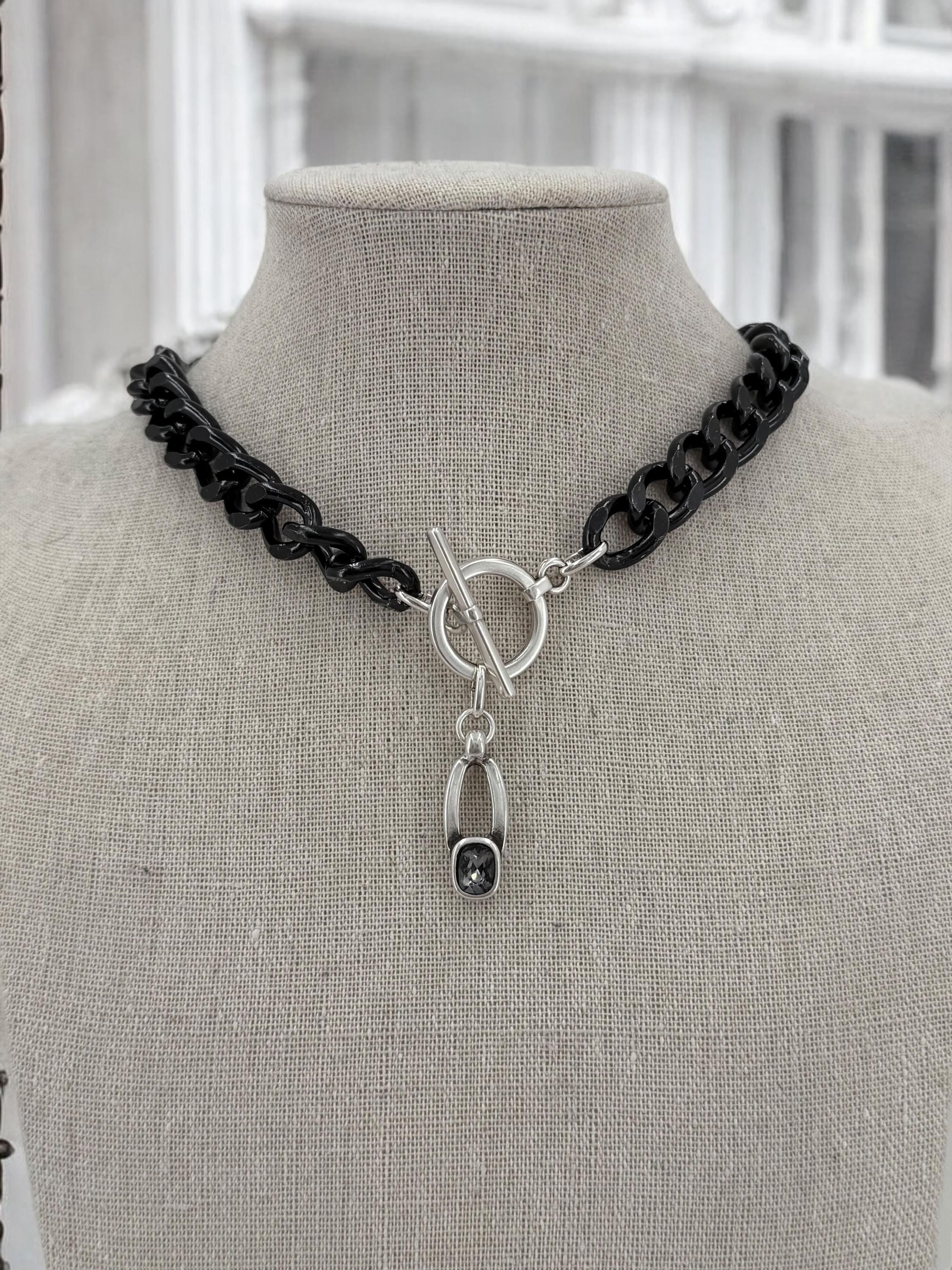 Chunky aluminum black chain necklace with Swarovski crystal pendant, toggle clasp black chain necklace, lightweight necklace, bold necklace