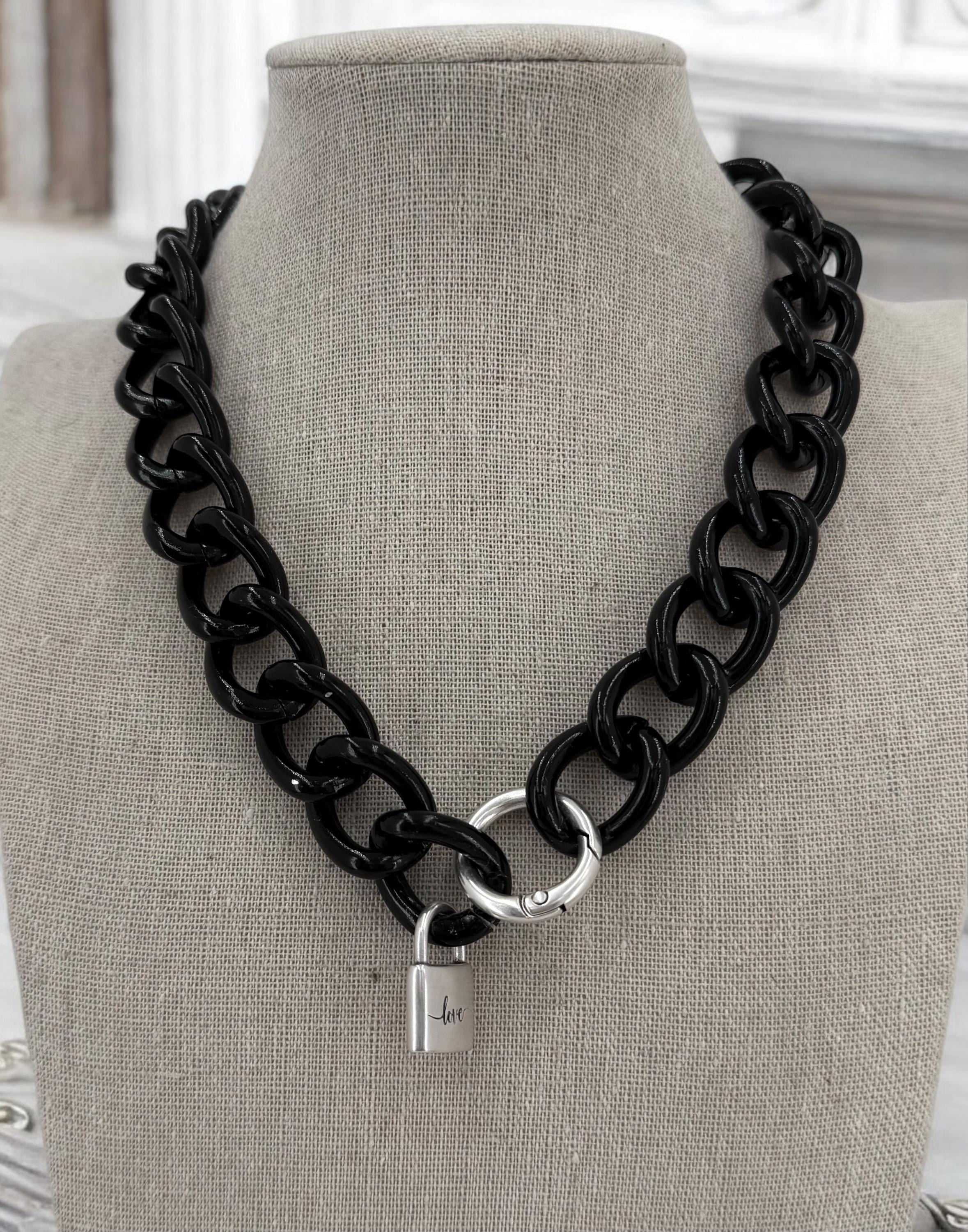 Chunky aluminum black chain lariat necklace with padlock pendant, black chain necklace, lightweight necklace, adjustable bulky necklace,