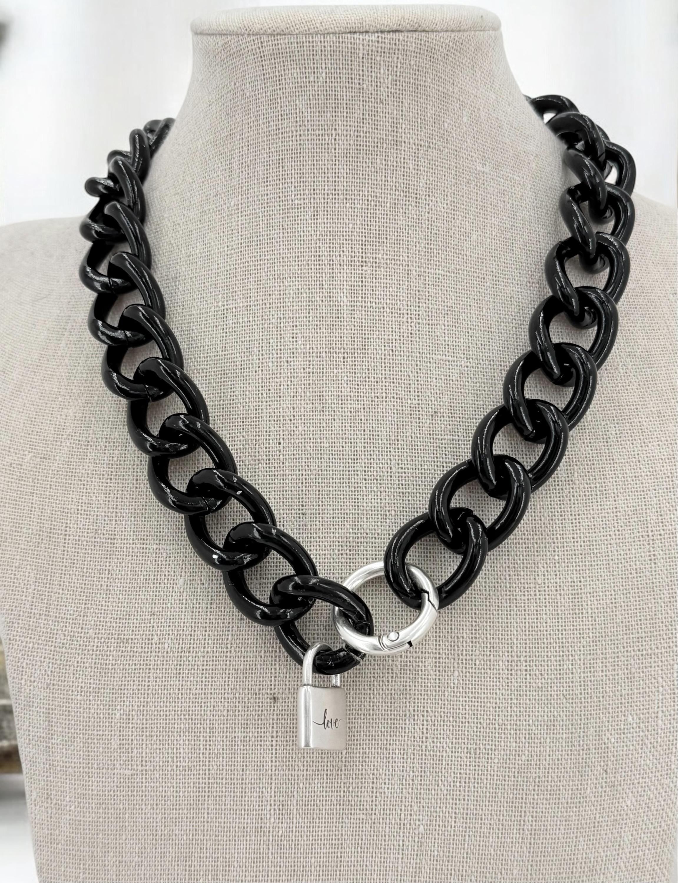 Chunky aluminum black chain lariat necklace with padlock pendant, black chain necklace, lightweight necklace, adjustable bulky necklace,