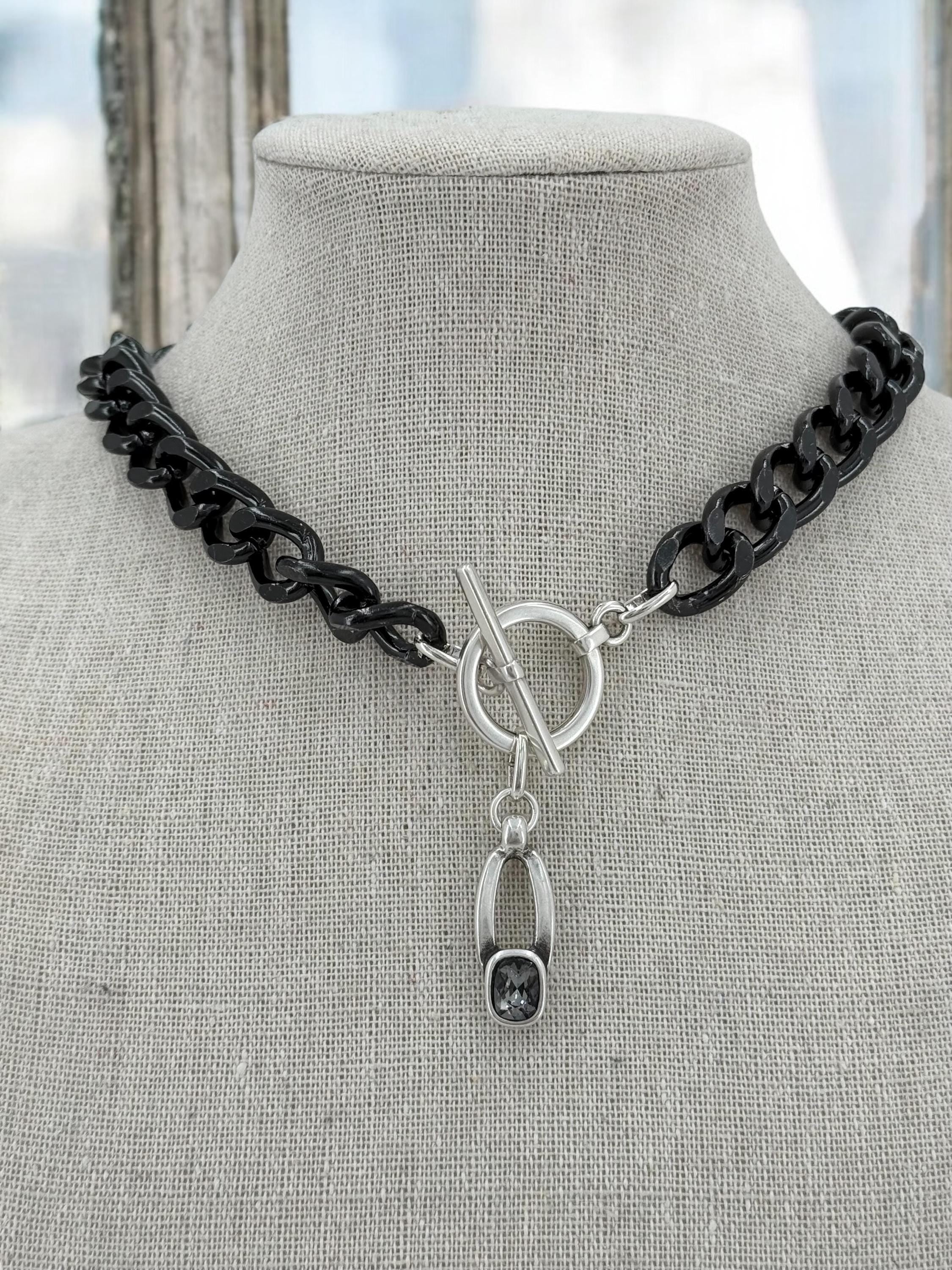 Chunky aluminum black chain necklace with Swarovski crystal pendant, toggle clasp black chain necklace, lightweight necklace, bold necklace