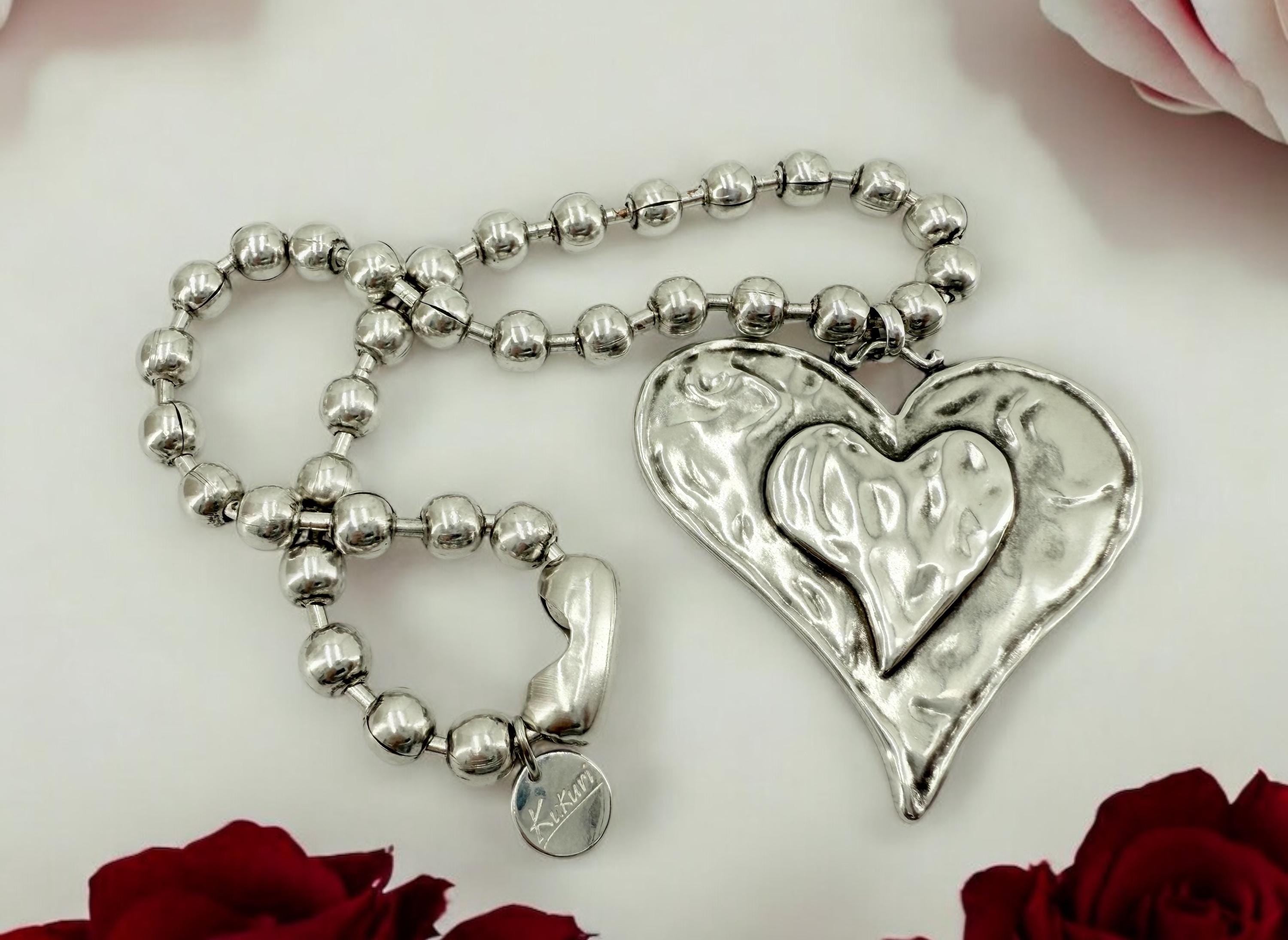 chunky balls silver chain necklace with statement big heart pendant, thick ball chain necklace, uno de 50 style, chunky silver necklace