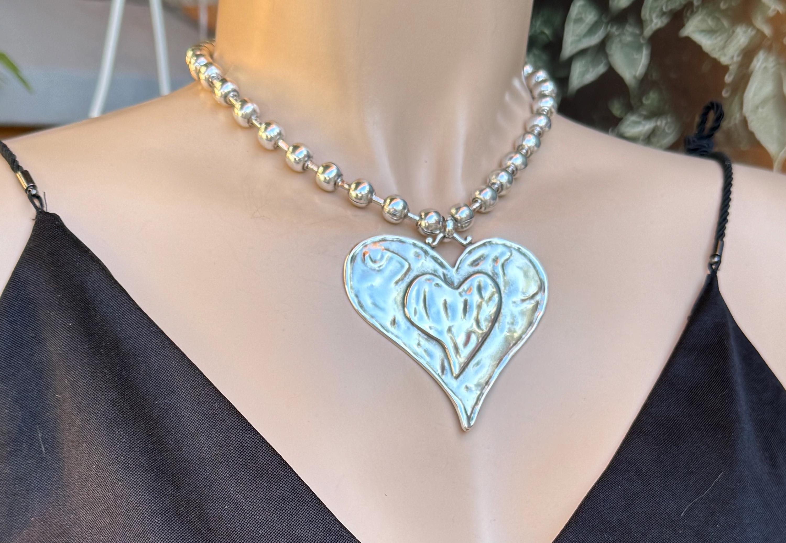chunky balls silver chain necklace with statement big heart pendant, thick ball chain necklace, uno de 50 style, chunky silver necklace