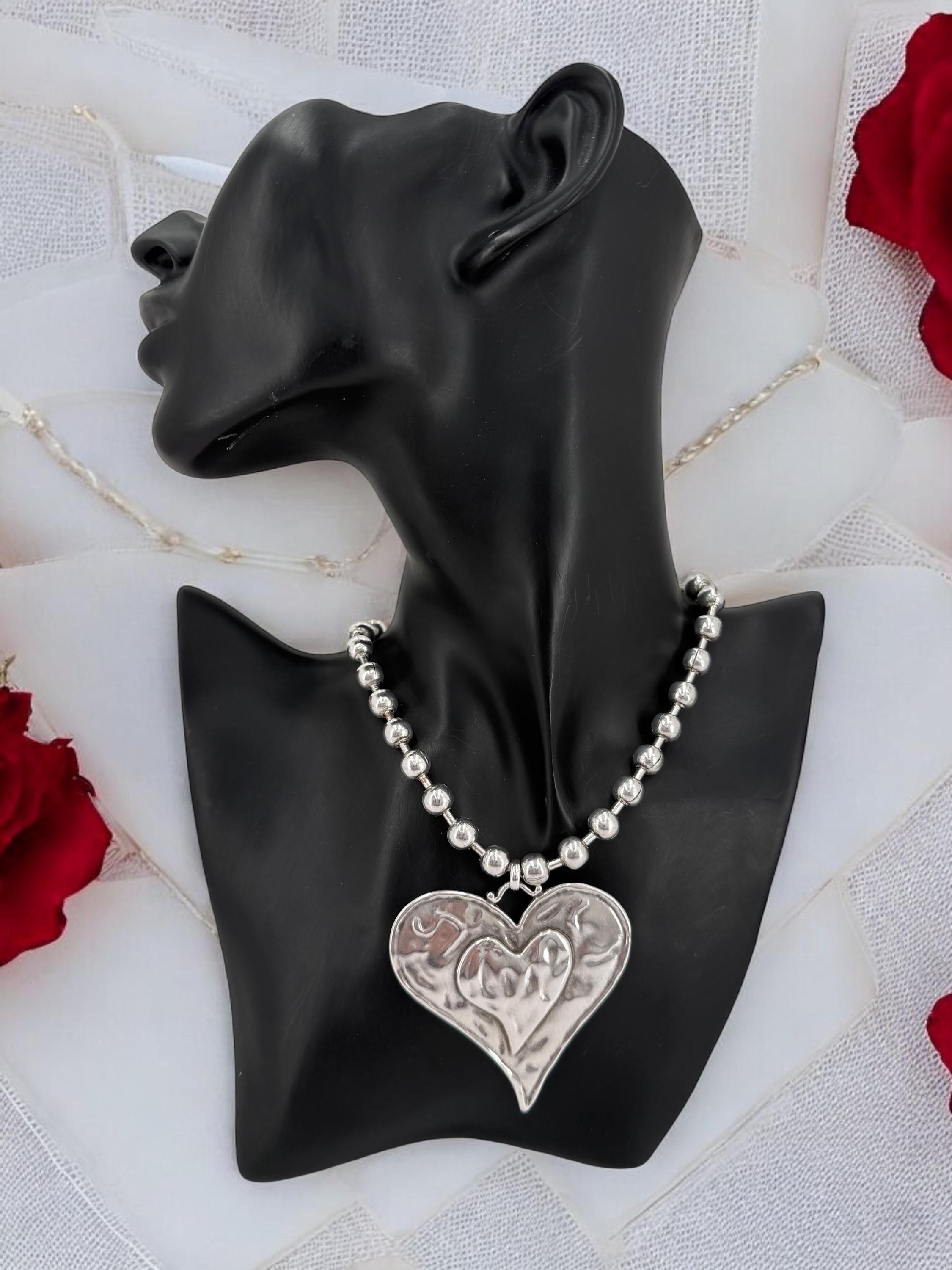 chunky balls silver chain necklace with statement big heart pendant, thick ball chain necklace, uno de 50 style, chunky silver necklace