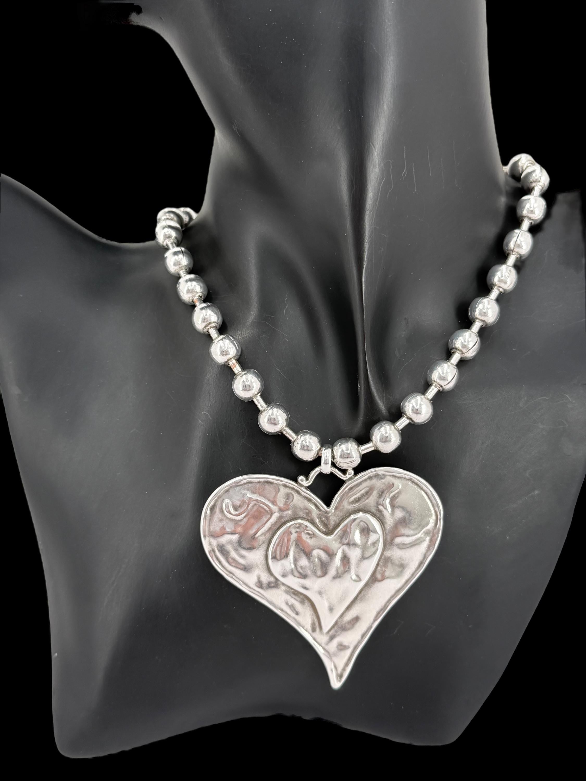 chunky balls silver chain necklace with statement big heart pendant, thick ball chain necklace, uno de 50 style, chunky silver necklace