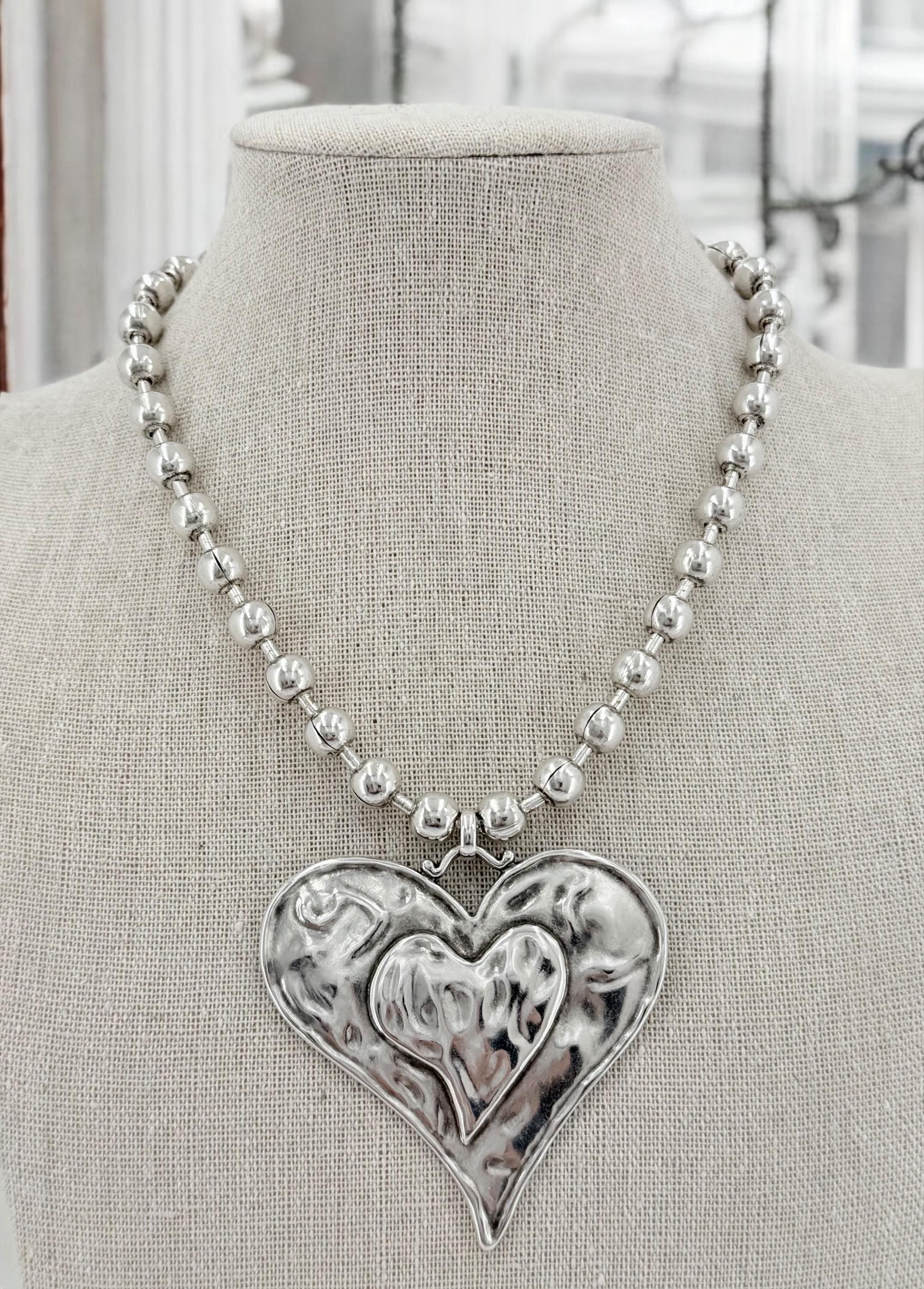 chunky balls silver chain necklace with statement big heart pendant, thick ball chain necklace, uno de 50 style, chunky silver necklace