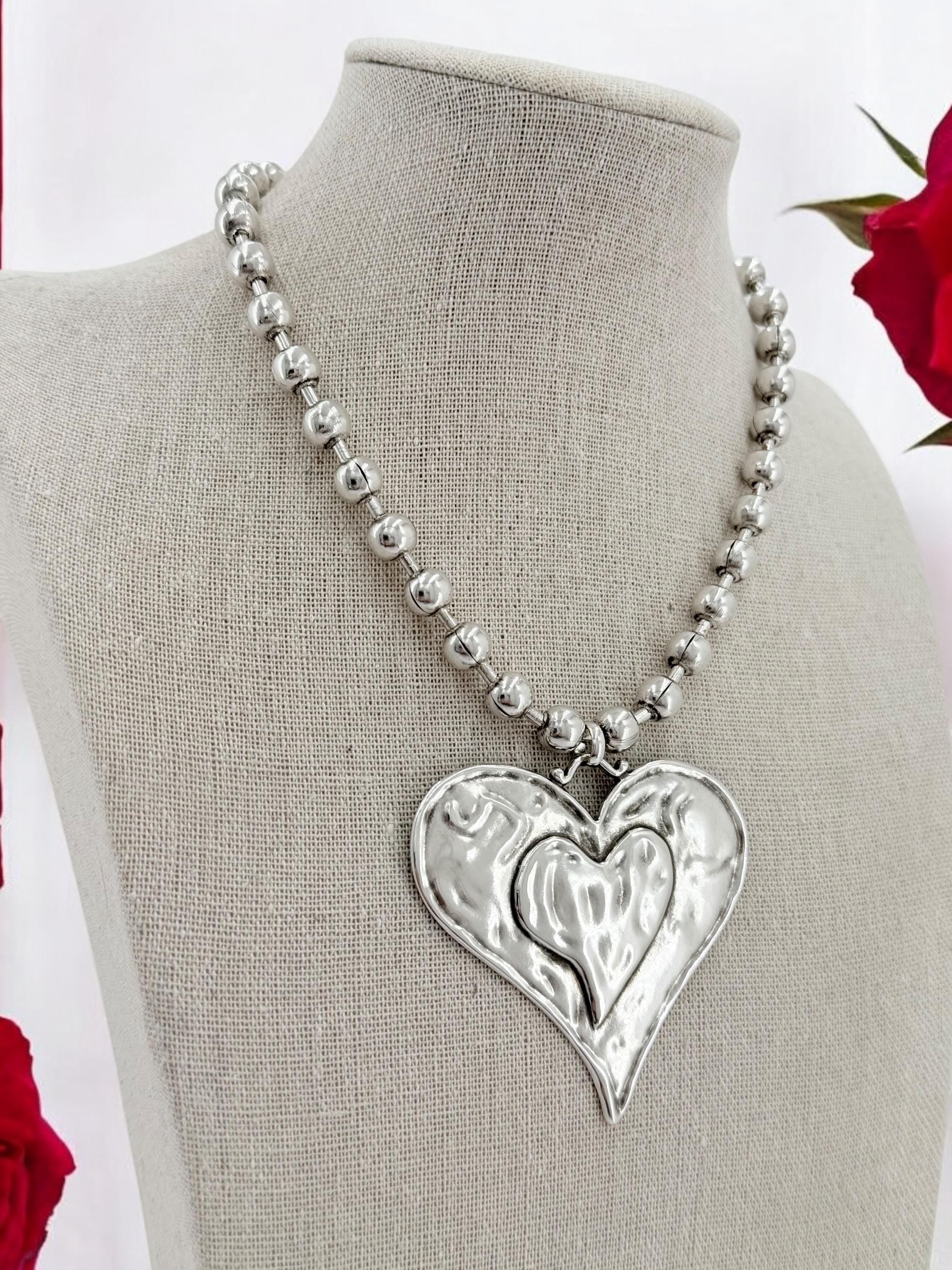 chunky balls silver chain necklace with statement big heart pendant, thick ball chain necklace, uno de 50 style, chunky silver necklace